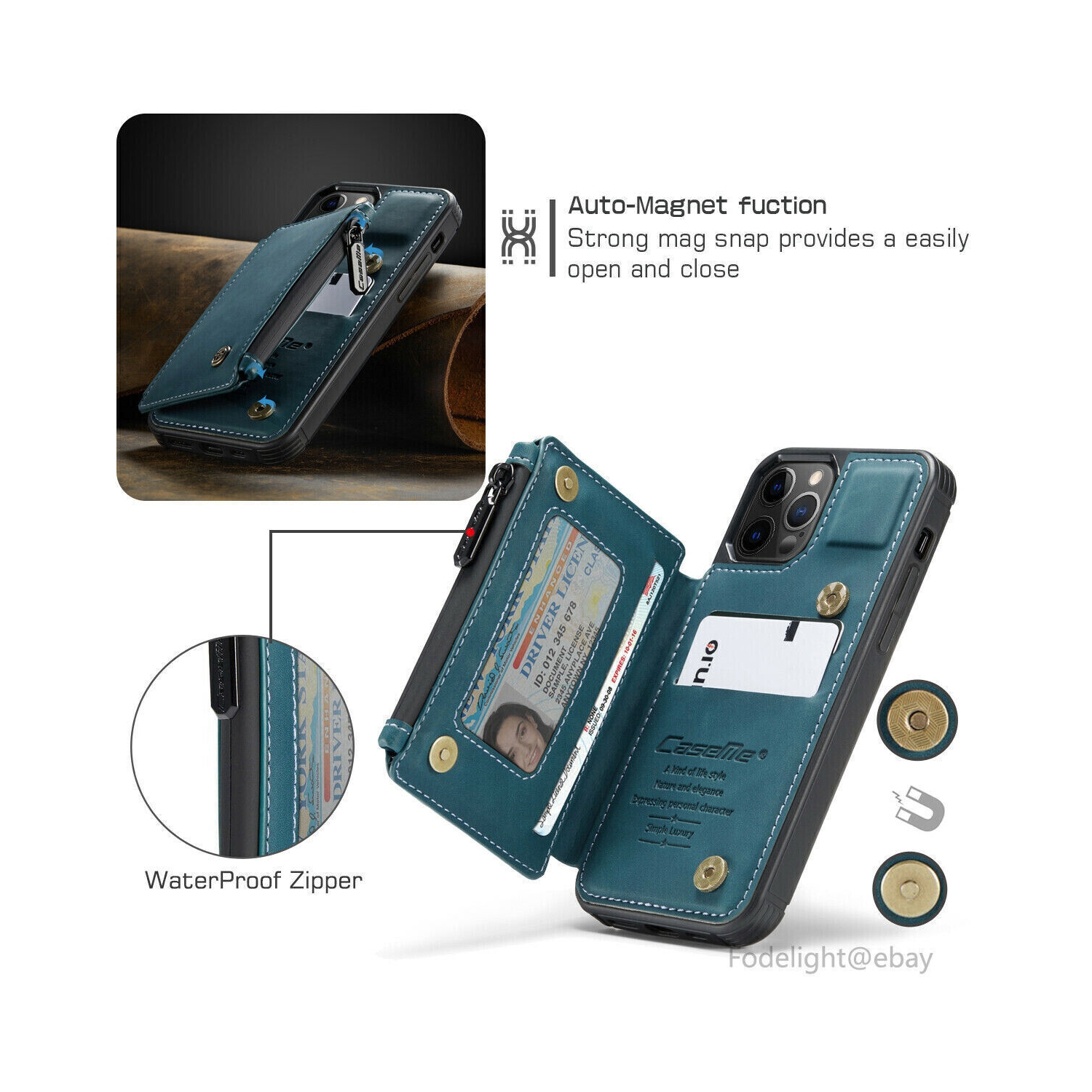 CaseMe – Étui portefeuille à fermeture à glissière de luxe rétro pour iPhone 13 PRO avec fentes pour cartes en PVC étanche – expédition gratuite