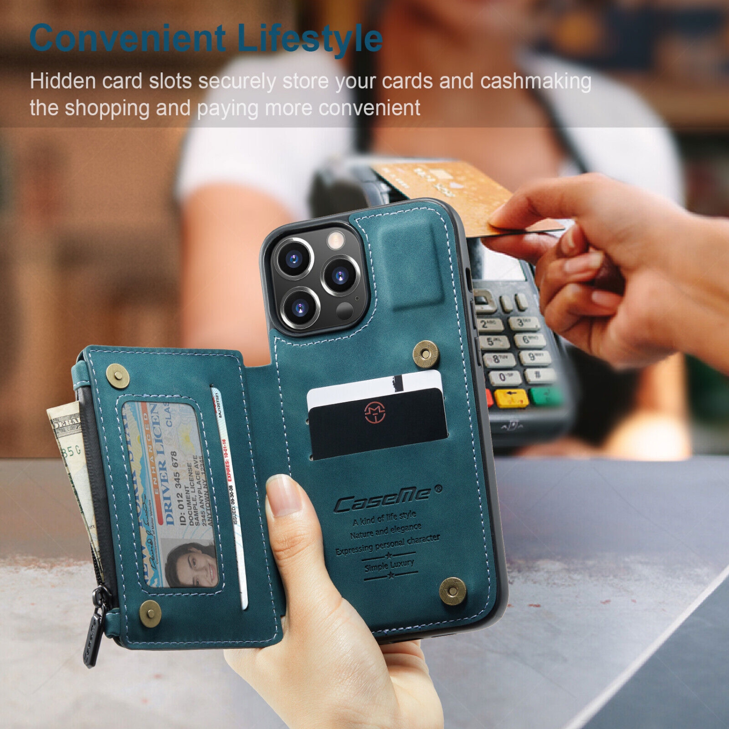 CaseMe – Étui portefeuille à fermeture à glissière de luxe rétro pour iPhone 13 PRO avec fentes pour cartes en PVC étanche – expédition gratuite