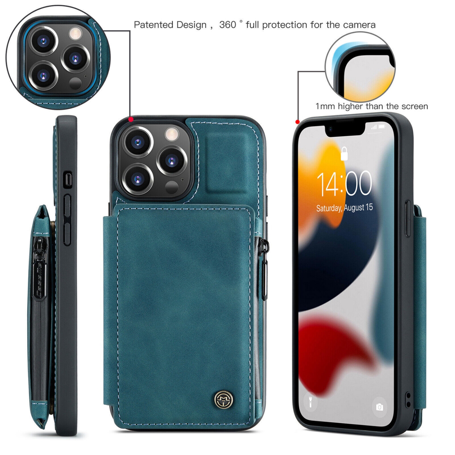 CaseMe – Étui portefeuille à fermeture à glissière de luxe rétro pour iPhone 13 PRO avec fentes pour cartes en PVC étanche – expédition gratuite
