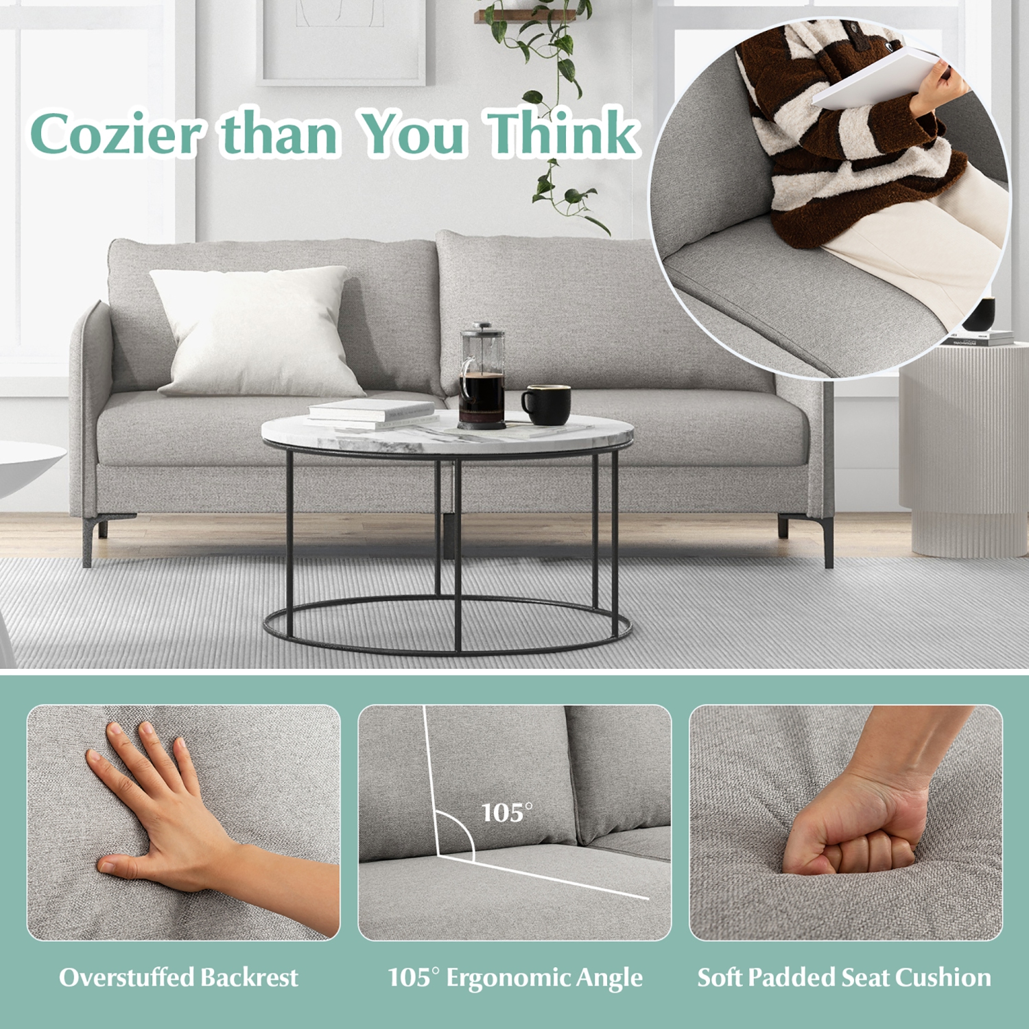 Sofa moderne avec causeuse de 76 po de Costway pour salon - Dortoir d'appartement avec pattes en métal - Gris