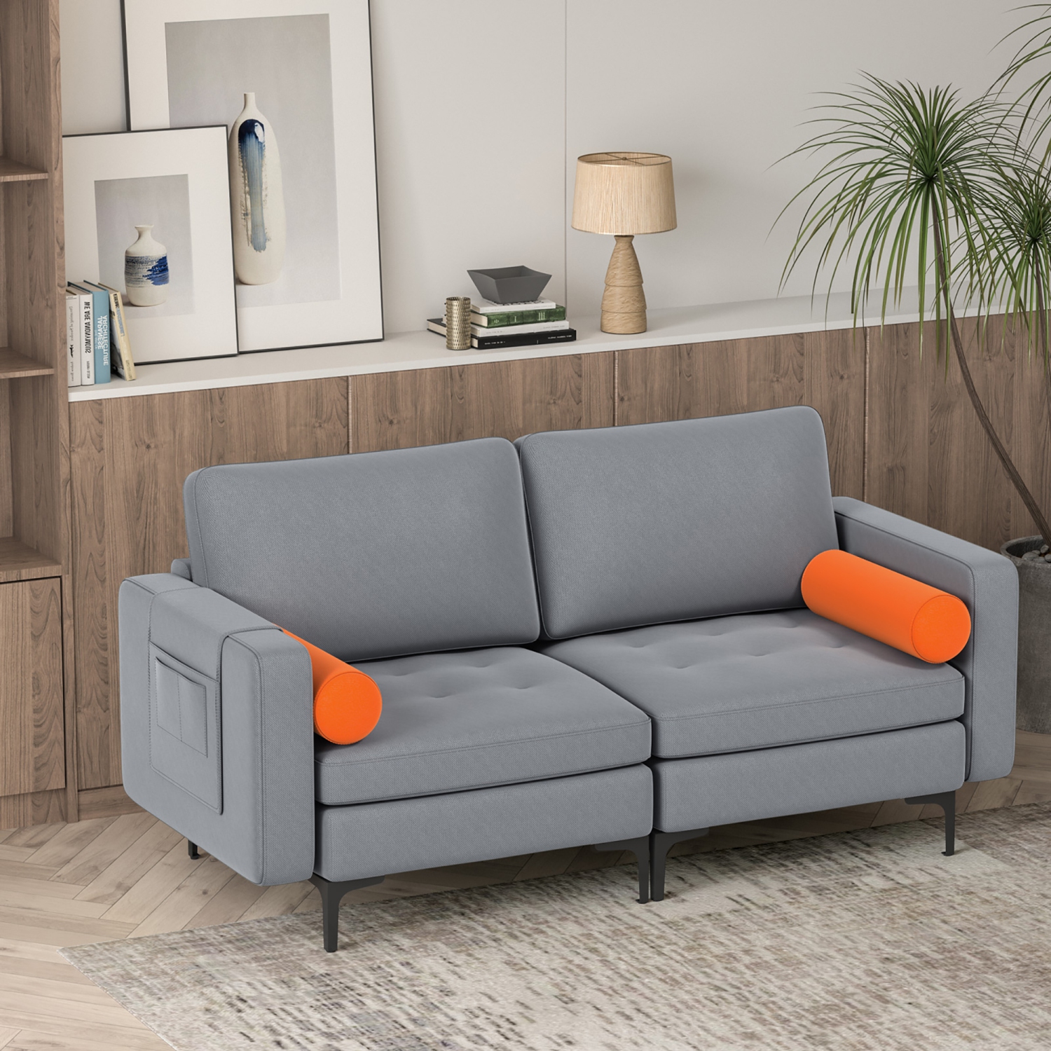 Causeuse moderne à 2 sièges avec divan et 2 coussins de rangement latéraux de Costway - Gris cendré