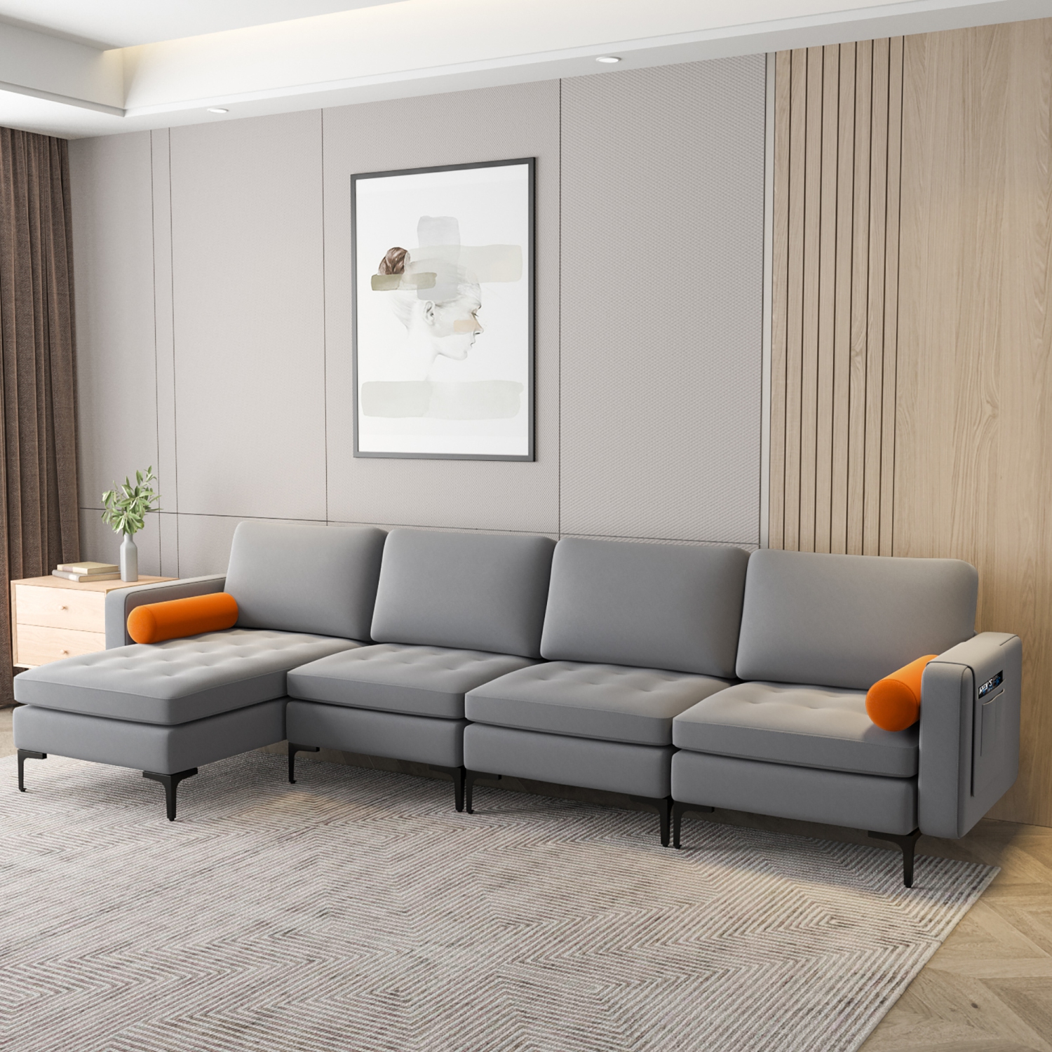 Costway Modular L-shaped Sectional Sofa with Reversible Chaise & 4 USB Ports Ash Grey