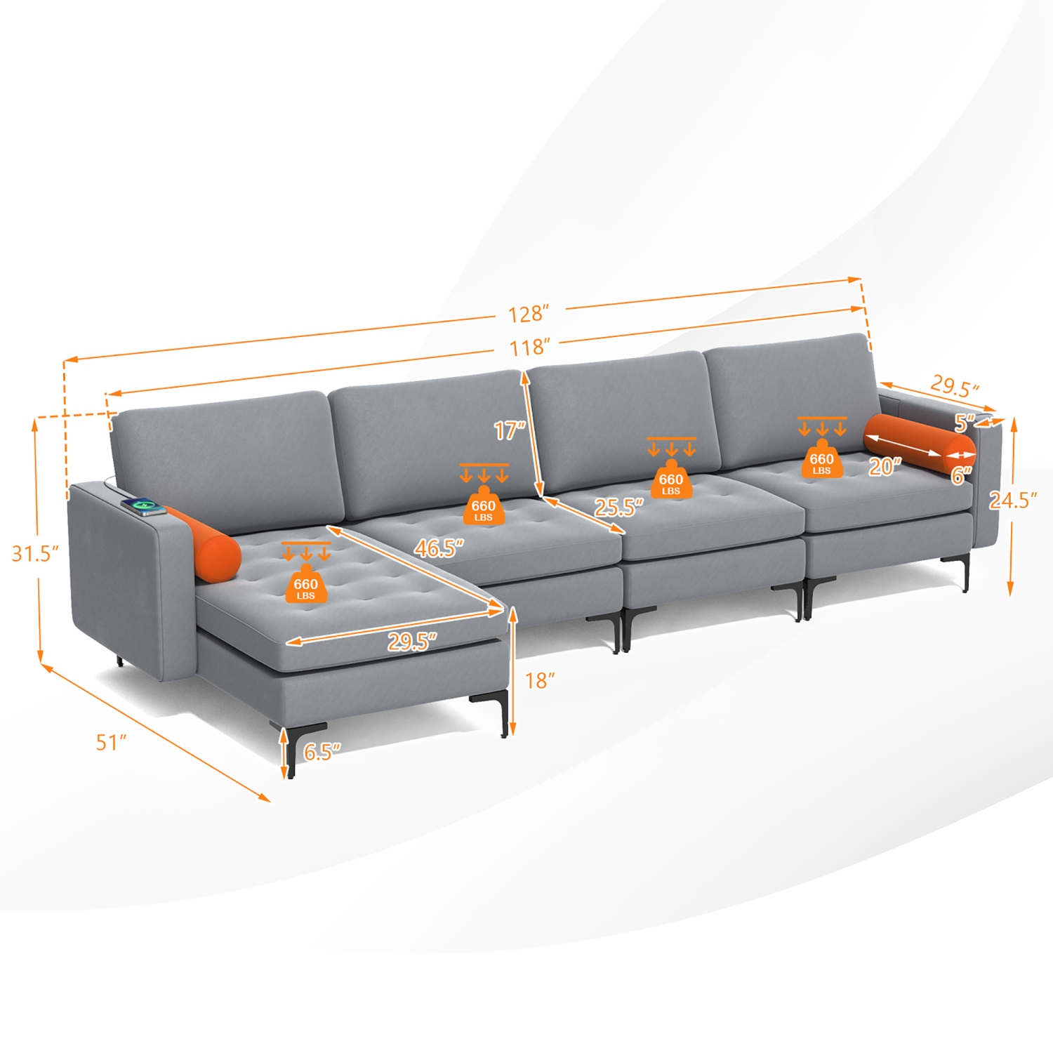 Costway Modular L-shaped Sectional Sofa with Reversible Chaise & 4 USB Ports Ash Grey