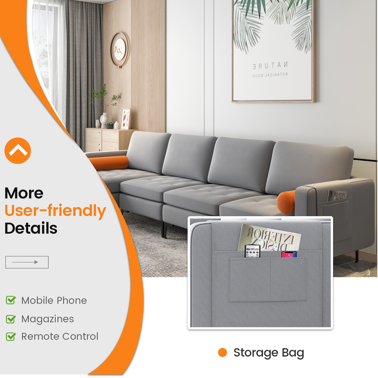 Costway Modular L-shaped Sectional Sofa with Reversible Chaise & 4 USB Ports Ash Grey