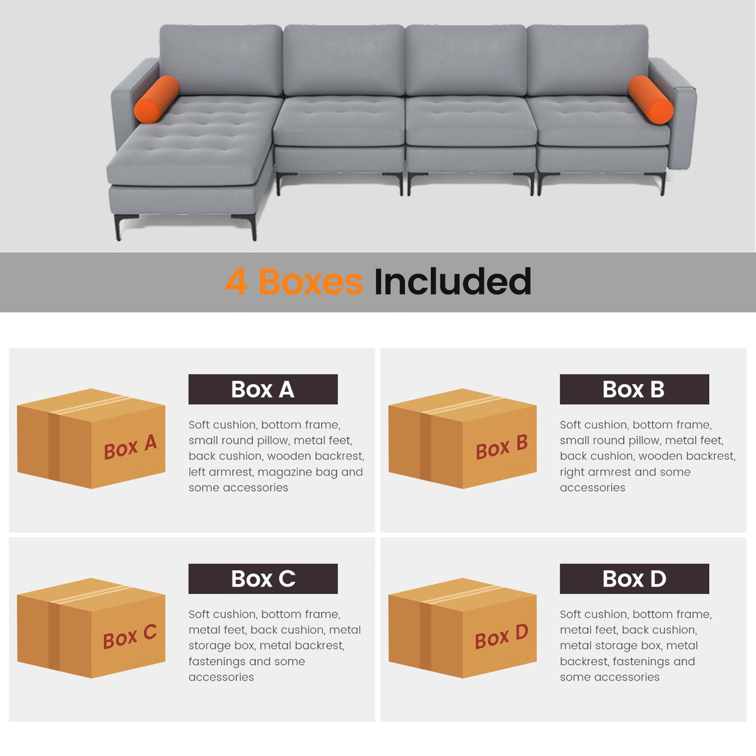 Costway Modular L-shaped Sectional Sofa with Reversible Chaise & 4 USB Ports Ash Grey