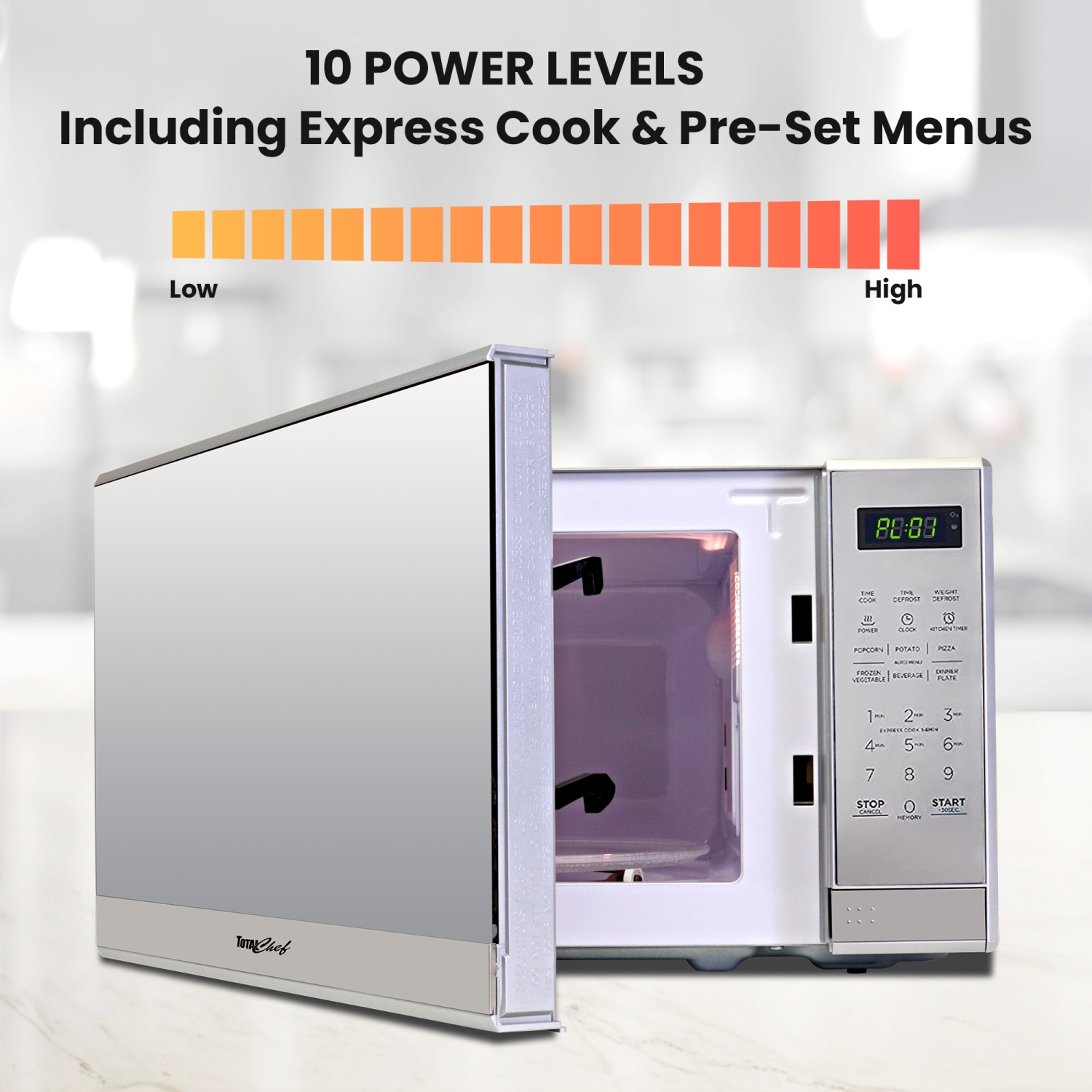 Four à micro-ondes de comptoir compact de Total chef, 700&nbsp;W, capacité de 0,7 pi3, commandes tactiles numériques, 6 modes de cuisson prédéfinis,