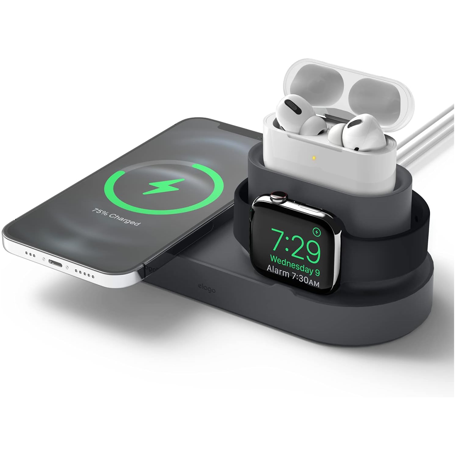 elago MS Trio 1 Charging Hub Compatible with MagSafe – 3 in 1 Wireless Charging Station Compatible with iPhone 12 models, AirPods Pro [Dark Grey] [Charging Cables Not Included]