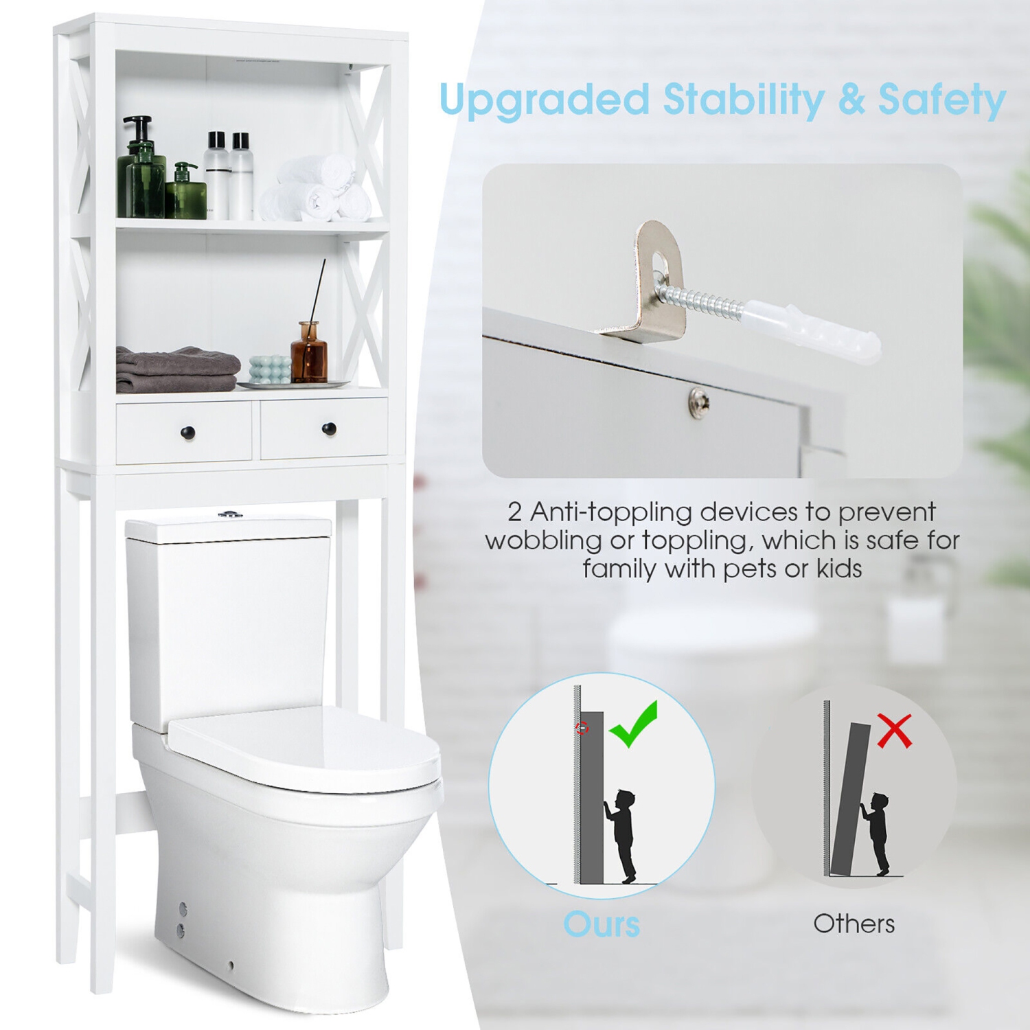 Costway Over the Toilet Storage Rack Bathroom Space Saver with 2 Open Shelves & Drawers