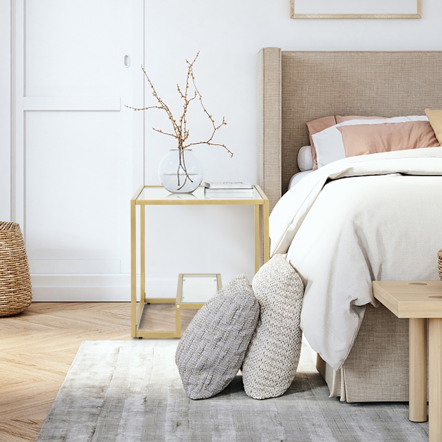 Costway 22" 2-Tier Sofa Side Table Square Metal Frame for Living Room Bedroom Bronze