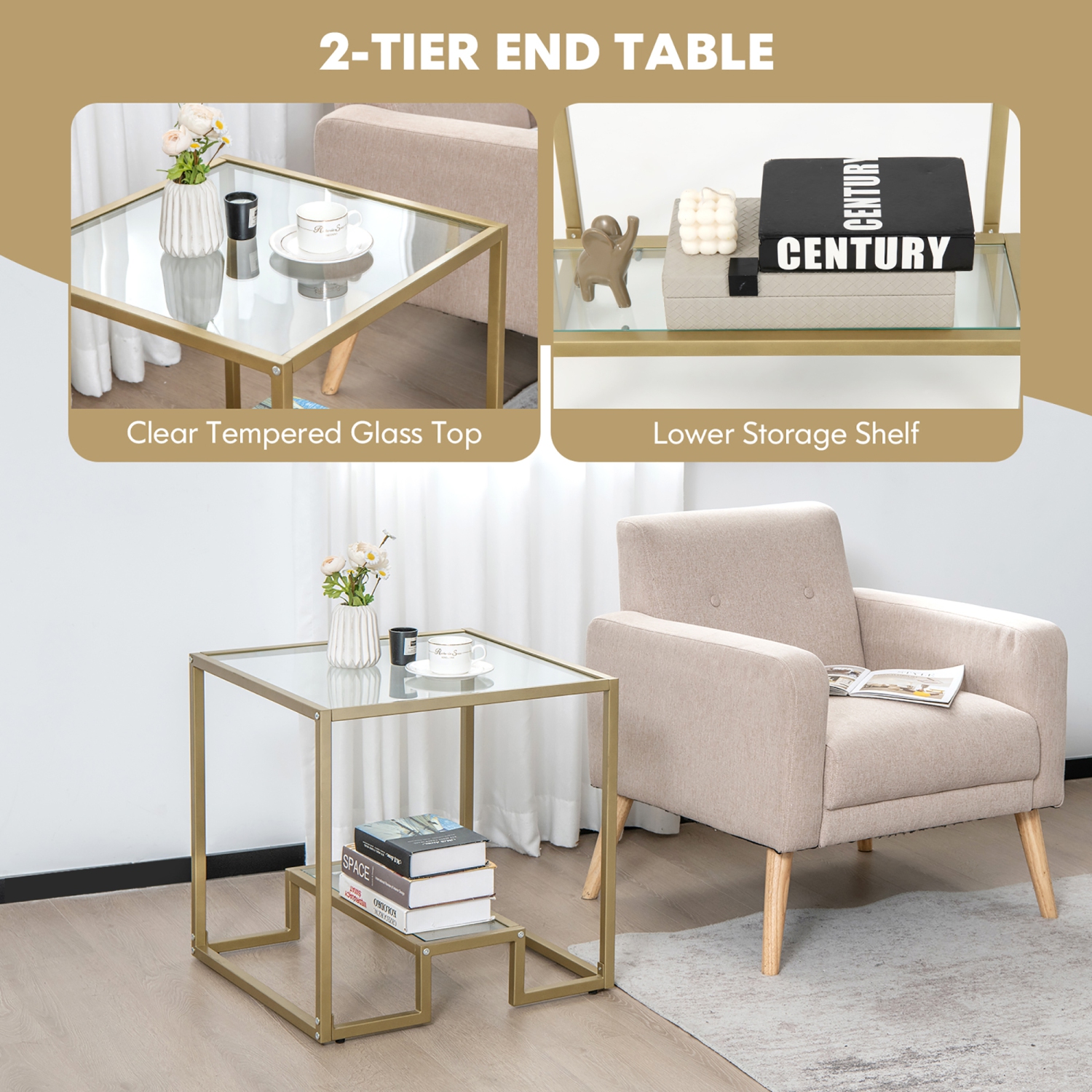 Costway 22" 2-Tier Sofa Side Table Square Metal Frame for Living Room Bedroom Bronze