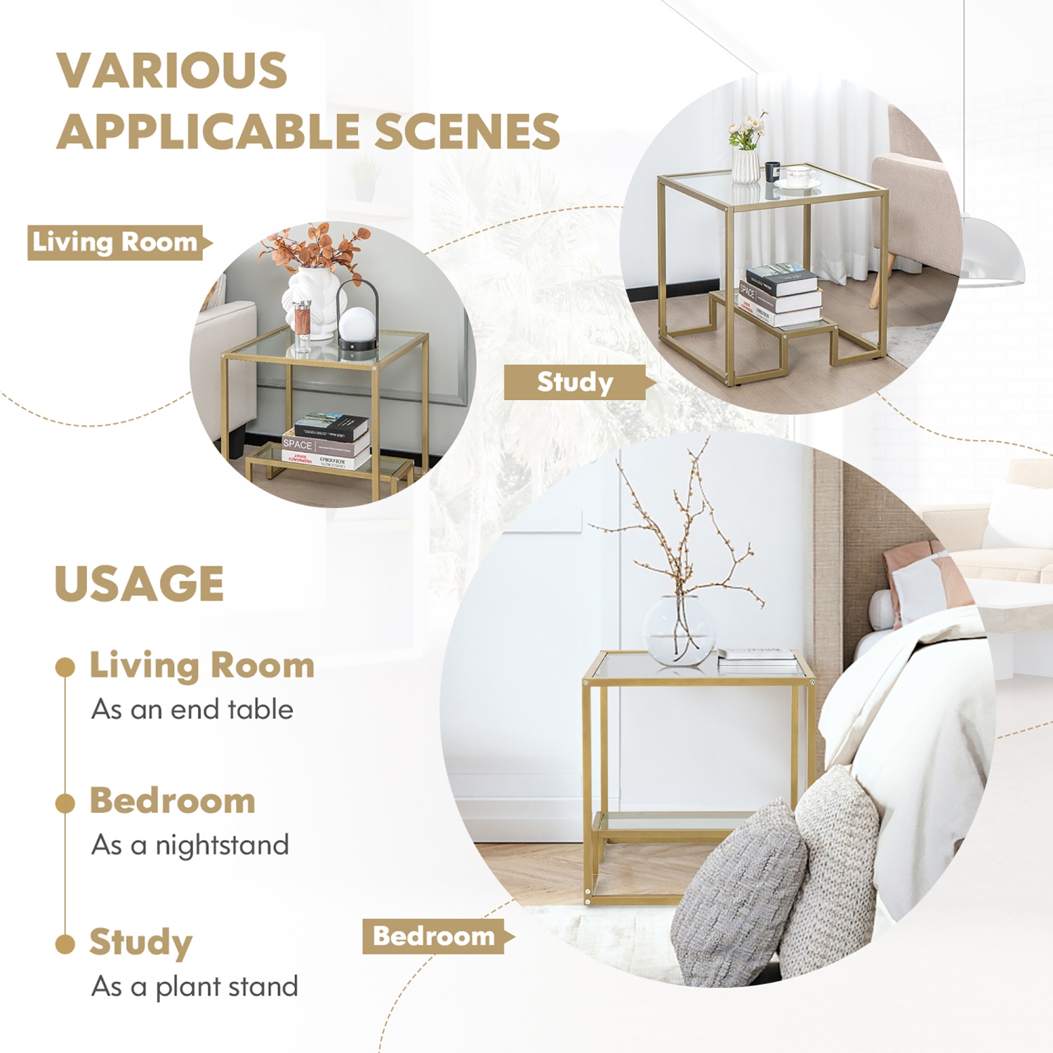 Costway 22" 2-Tier Sofa Side Table Square Metal Frame for Living Room Bedroom Bronze