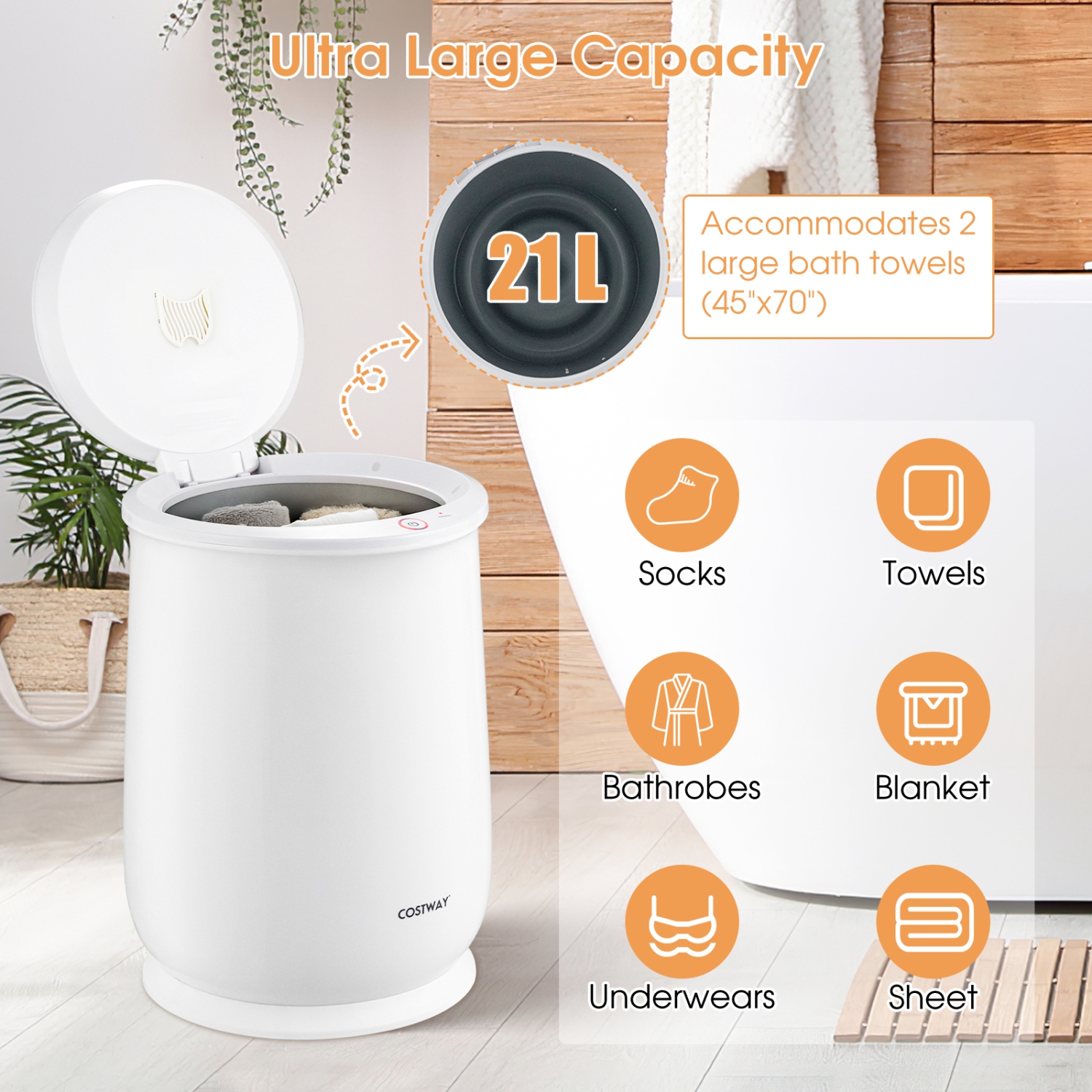 Costway 21L Large Capacity Towel Warmer with Flip-top Lid, Auto Shut off Fragrance Holder