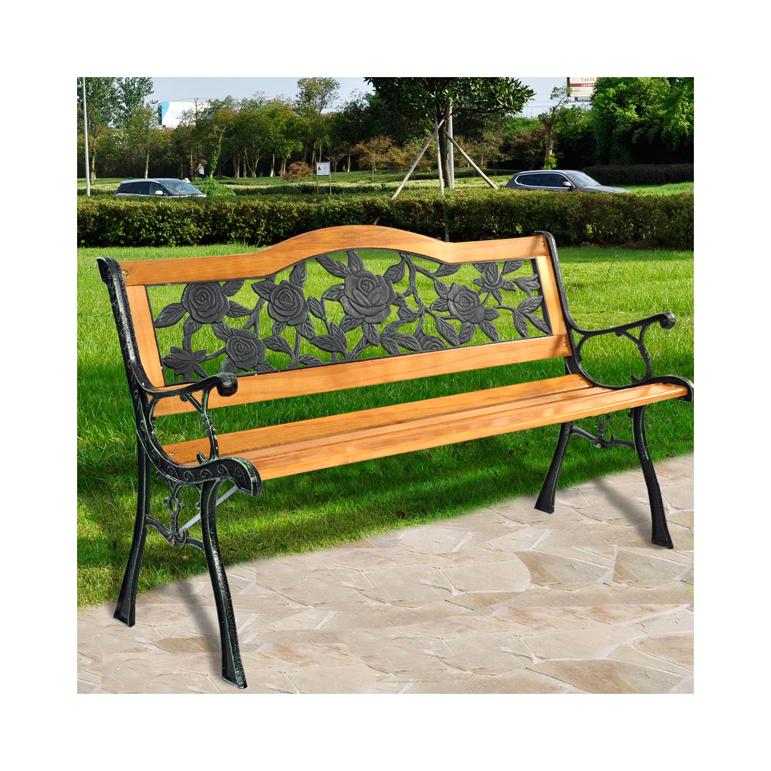 Topbuy Garden Cast Iron Bench Porch Path Loveseat Hardwood Chair for Patio Park