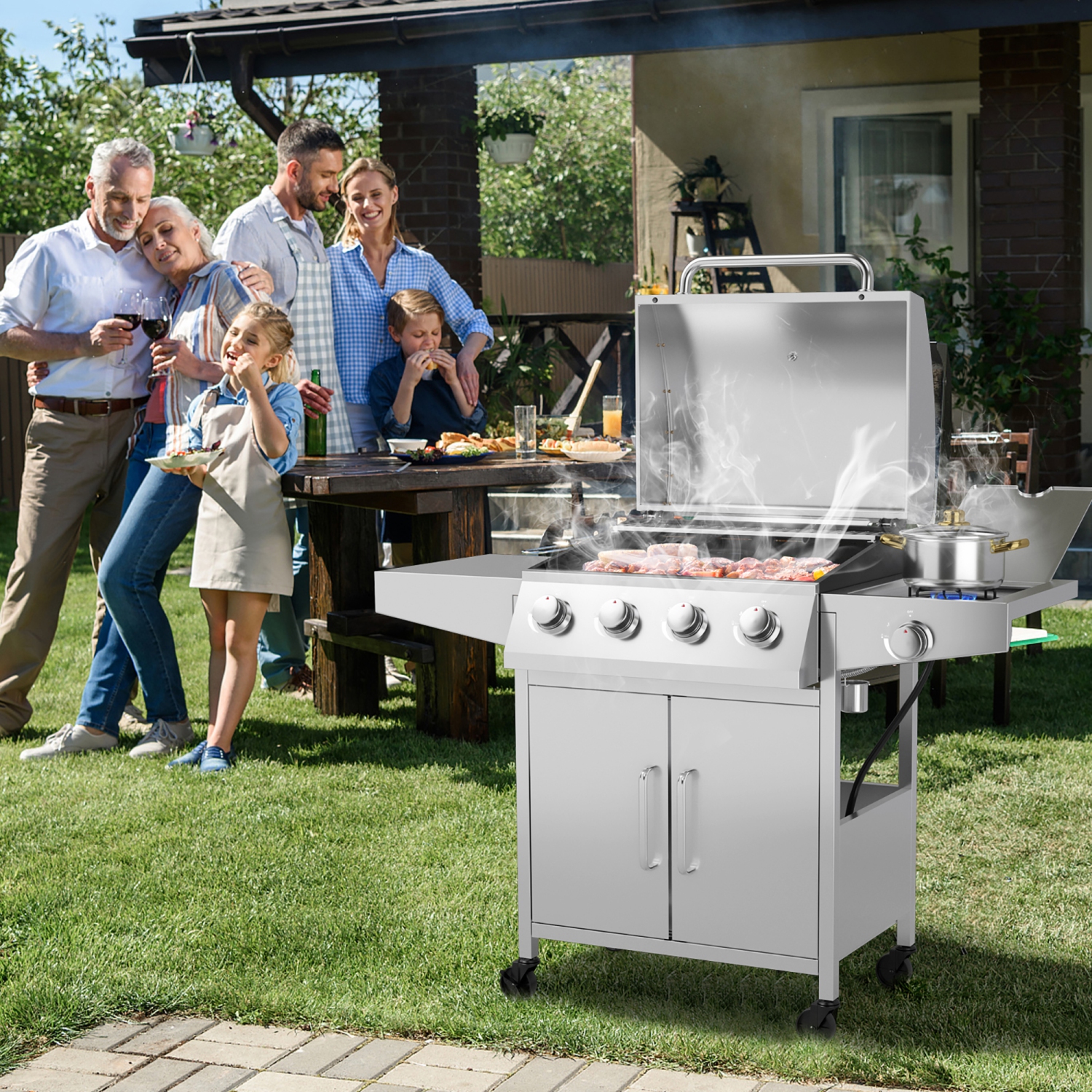 Costway 5-Burner Propane Gas BBQ Grill with Side Burner,Thermometer,Prep Table 50000 BTU