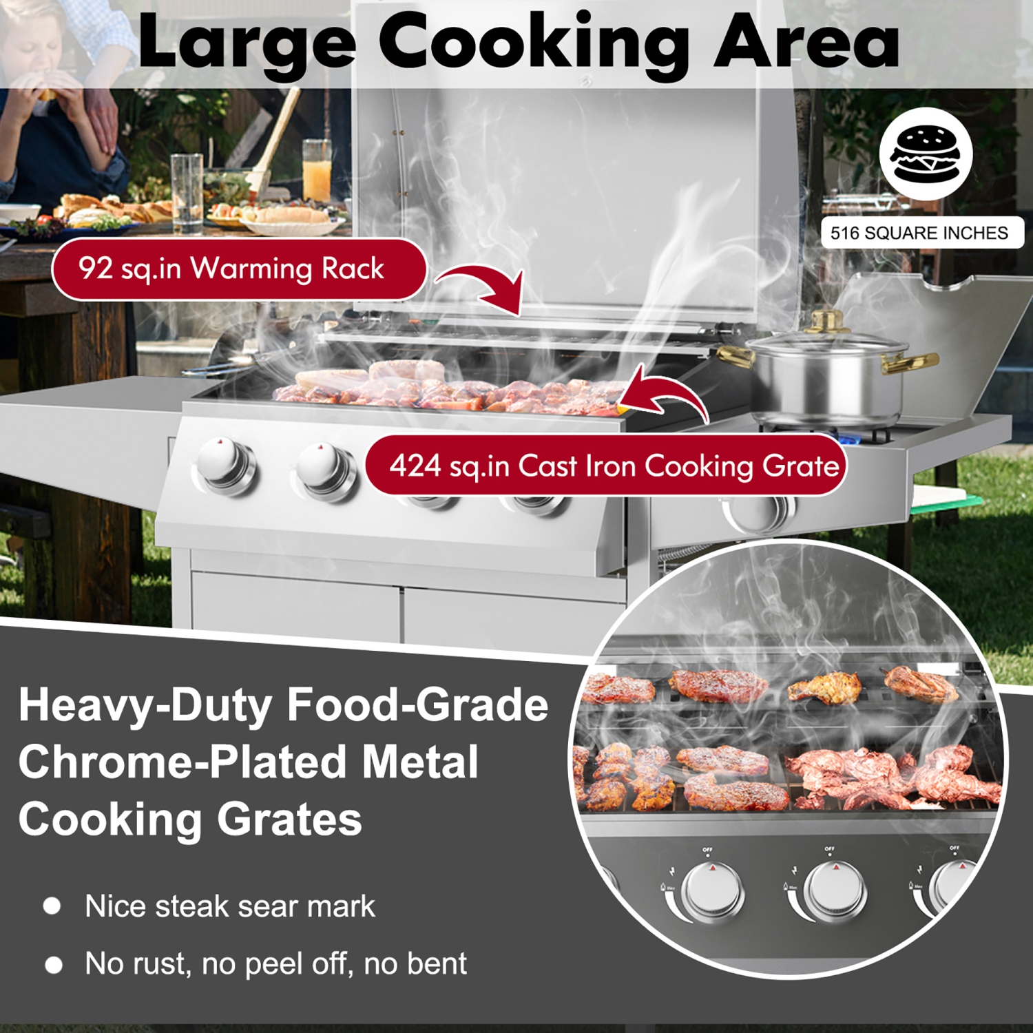 Costway 5-Burner Propane Gas BBQ Grill with Side Burner,Thermometer,Prep Table 50000 BTU