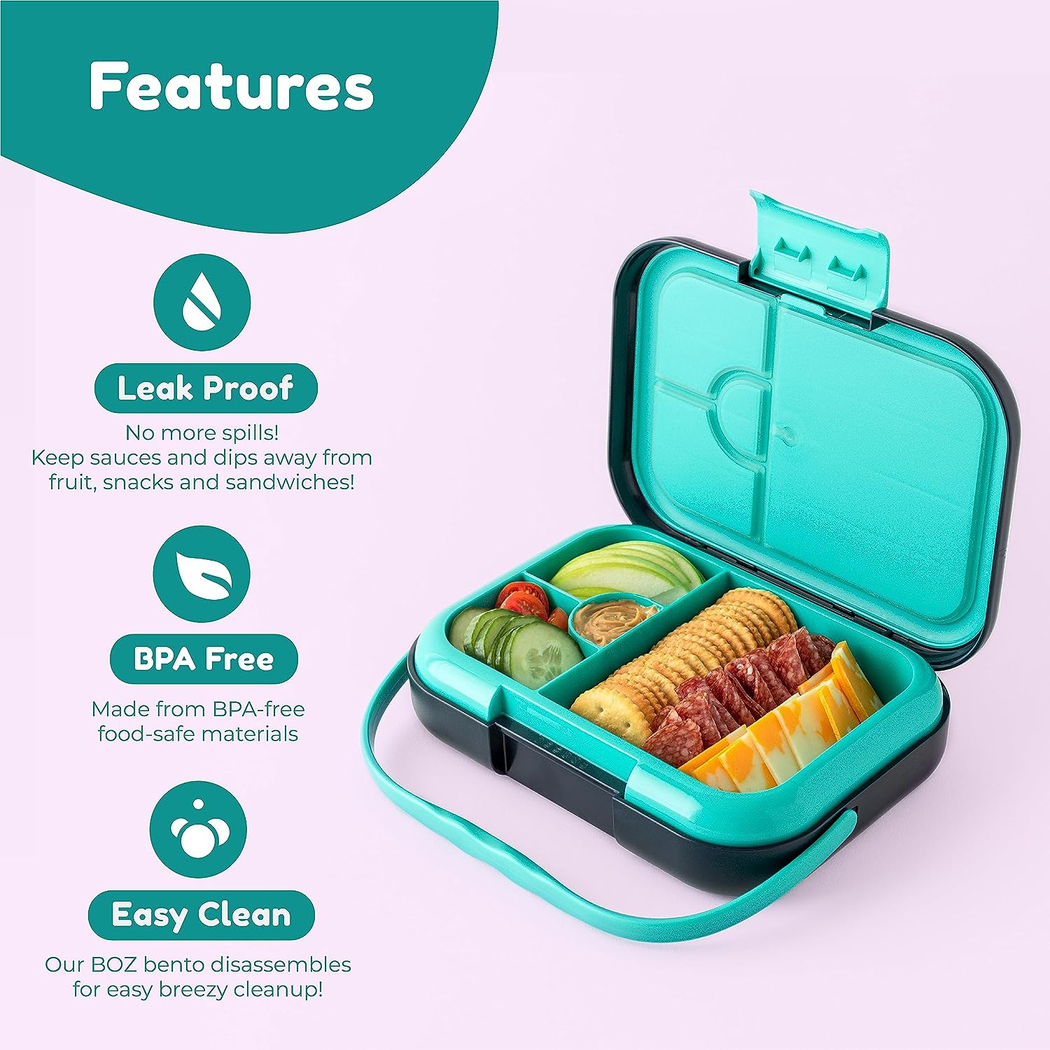 BOZ Bento Box for Kids - Kids Bento Lunch Box - Toddler Lunch Box for Daycare - Leak Proof 4 Compartments Kids Lunch Container