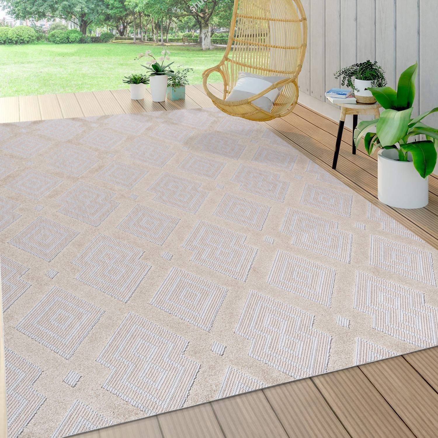Duwun High-Low Pile Ogee Trellis Tone On Tone Indoor/Outdoor Area Rug