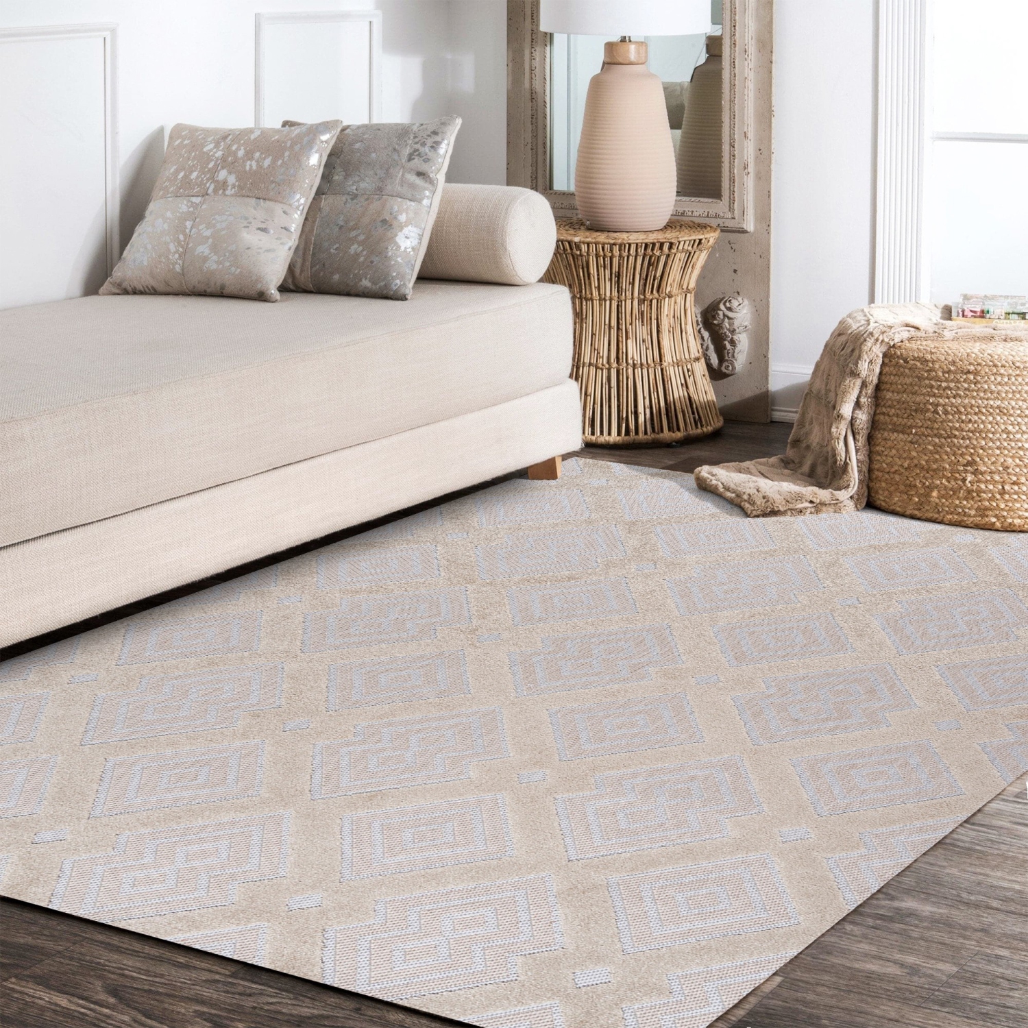 Duwun High-Low Pile Ogee Trellis Tone On Tone Indoor/Outdoor Area Rug