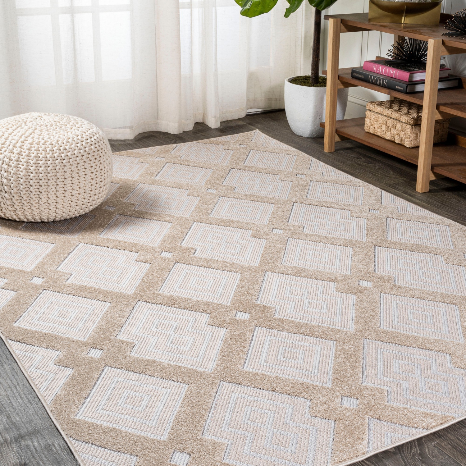 Duwun High-Low Pile Ogee Trellis Tone On Tone Indoor/Outdoor Area Rug