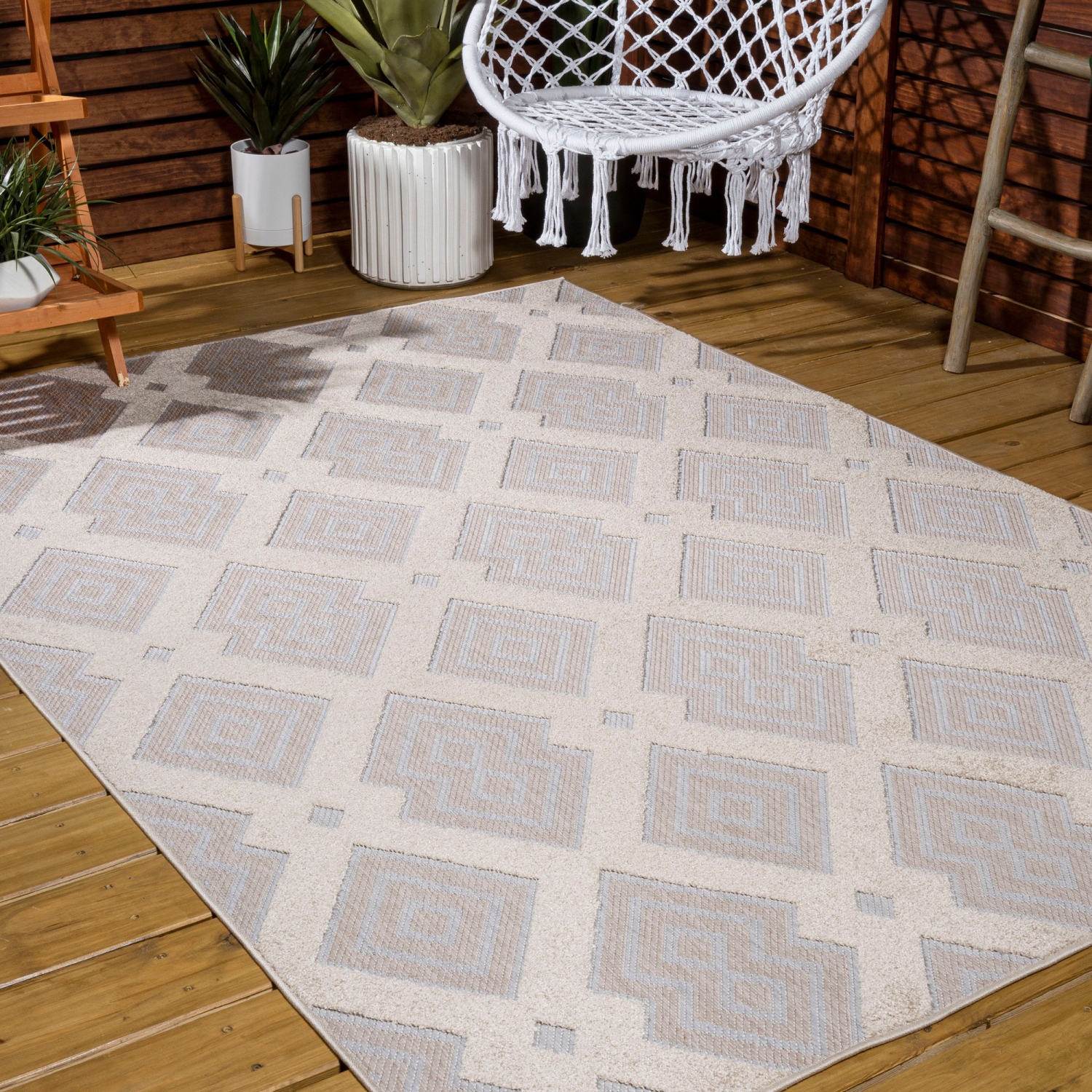 Duwun High-Low Pile Ogee Trellis Tone On Tone Indoor/Outdoor Area Rug