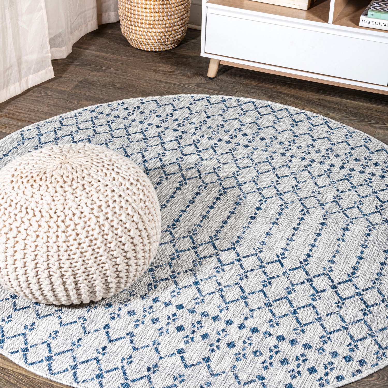 Ourika Moroccan Geometric Textured Weave Indoor/Outdoor Round Rug