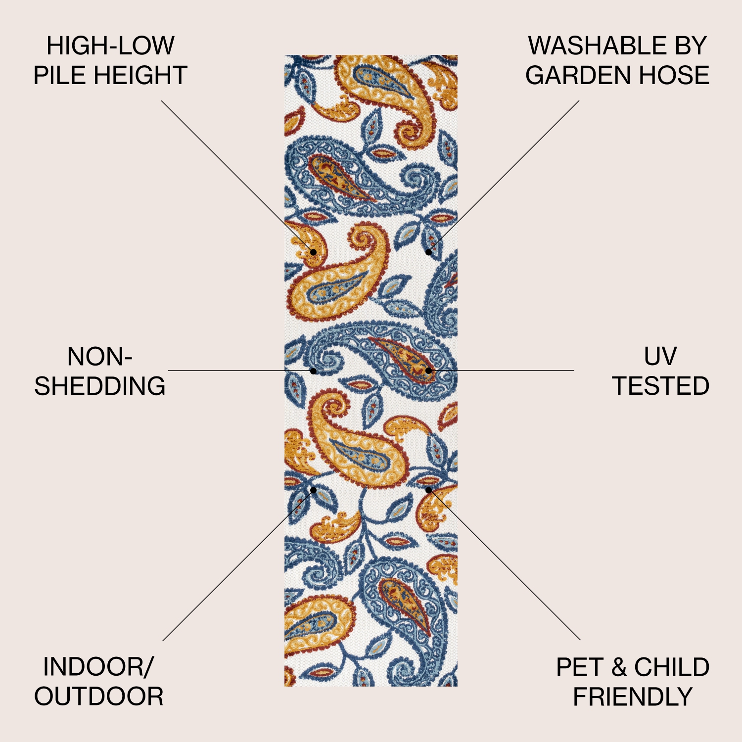 Tapis haut/bas à motif cachemire Julien pour l'intérieur et l'extérieur