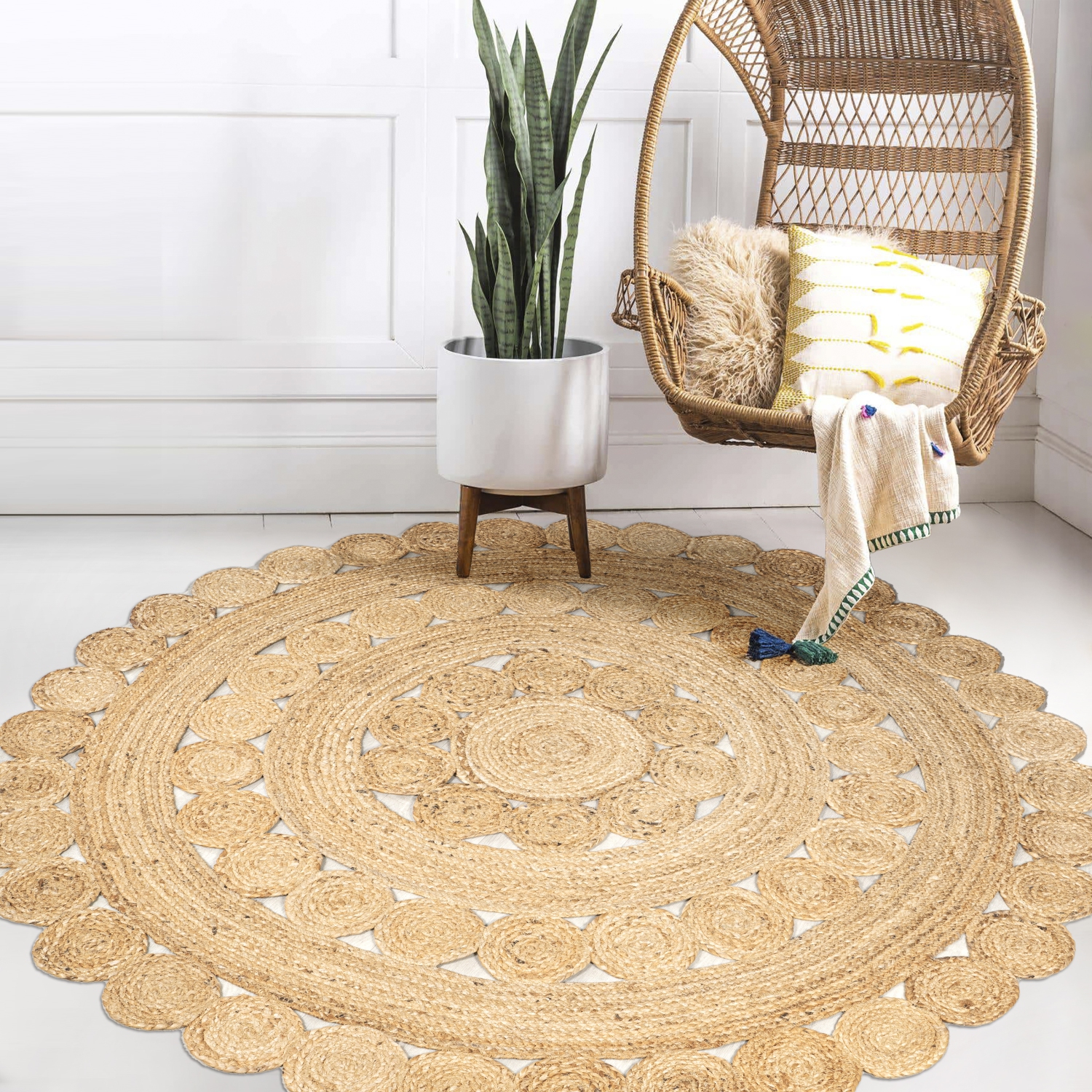 Tapis d'appoint circulaire à motif de médaillons de jute et de marguerites