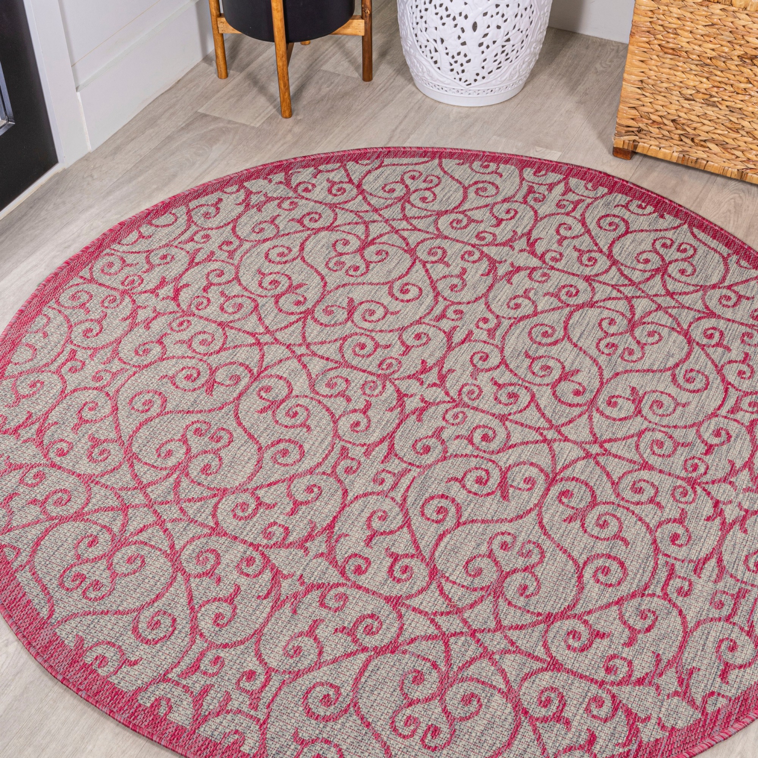 Tapis rond intérieur/extérieur en filigrane texturé de style rétro de Madrid