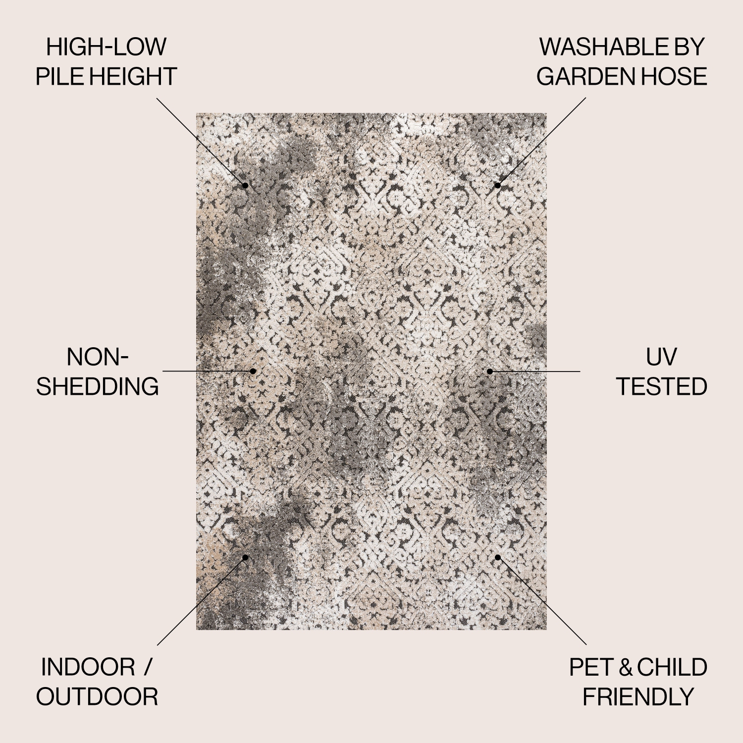 Duenas High-Low Shabby Damask Area Rug