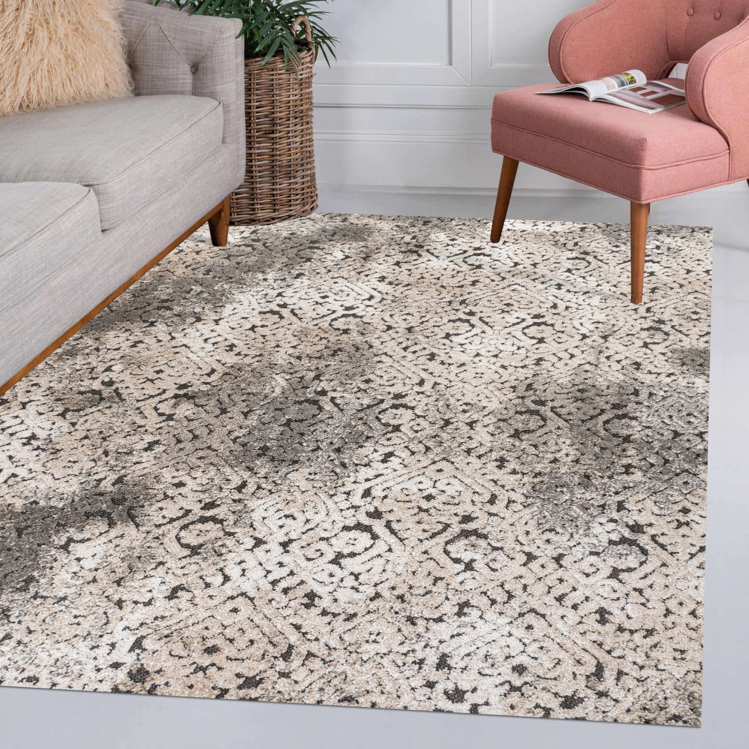 Duenas High-Low Shabby Damask Area Rug