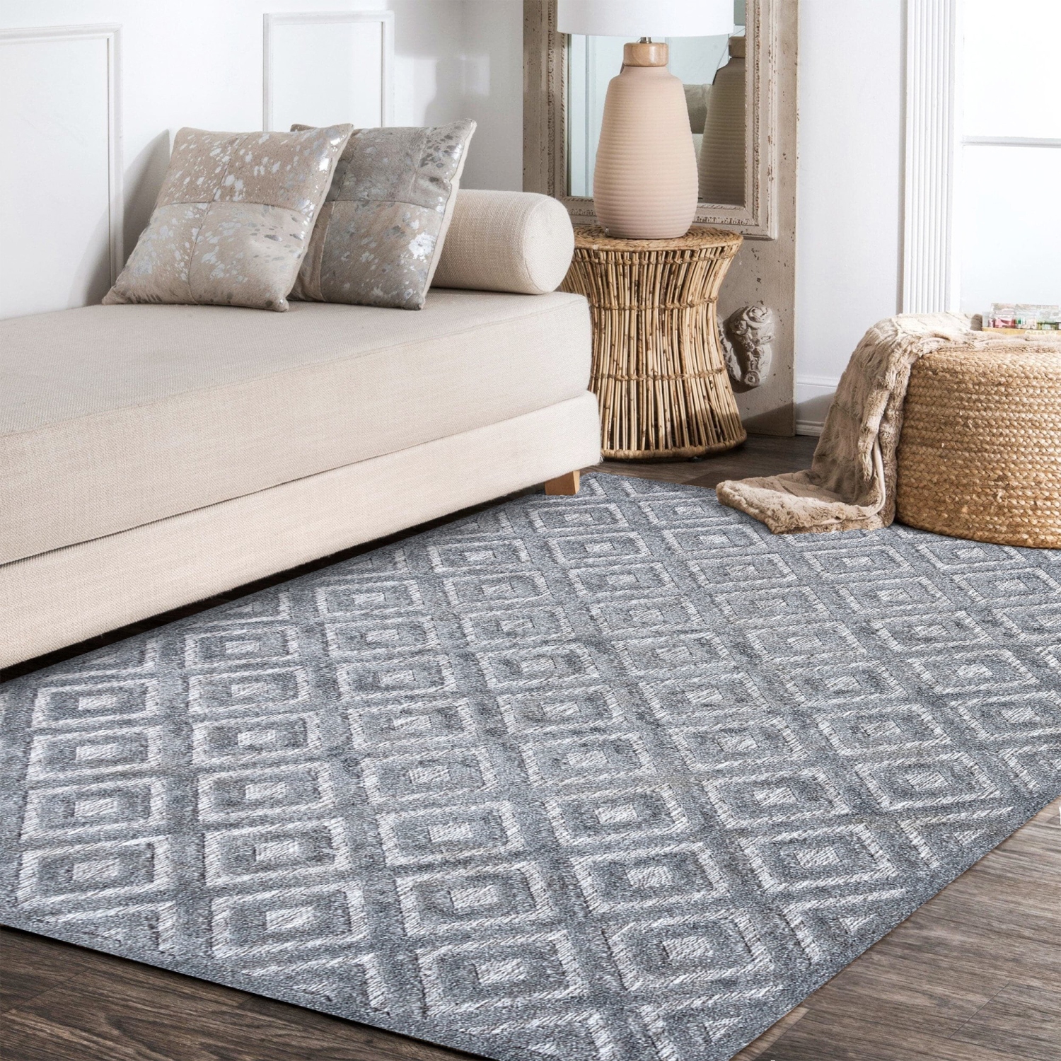 Tapis d'intérieur/d'extérieur en treillis à losanges neutre Portmany
