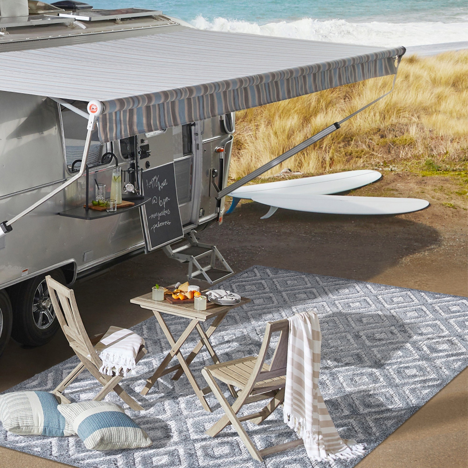 Tapis d'intérieur/d'extérieur en treillis à losanges neutre Portmany