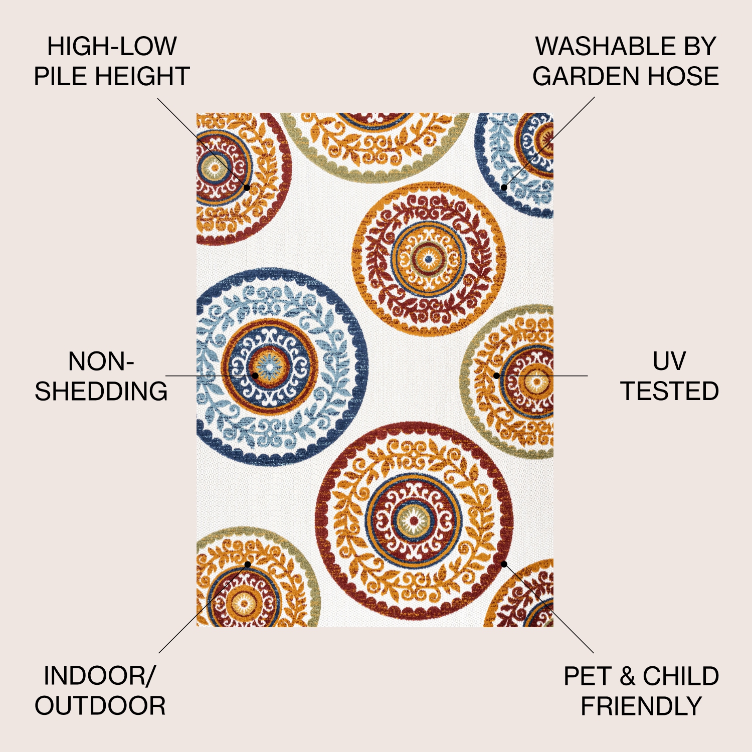 Tapis d'intérieur/d'extérieur à motif de médaillon de cirque haut-bas