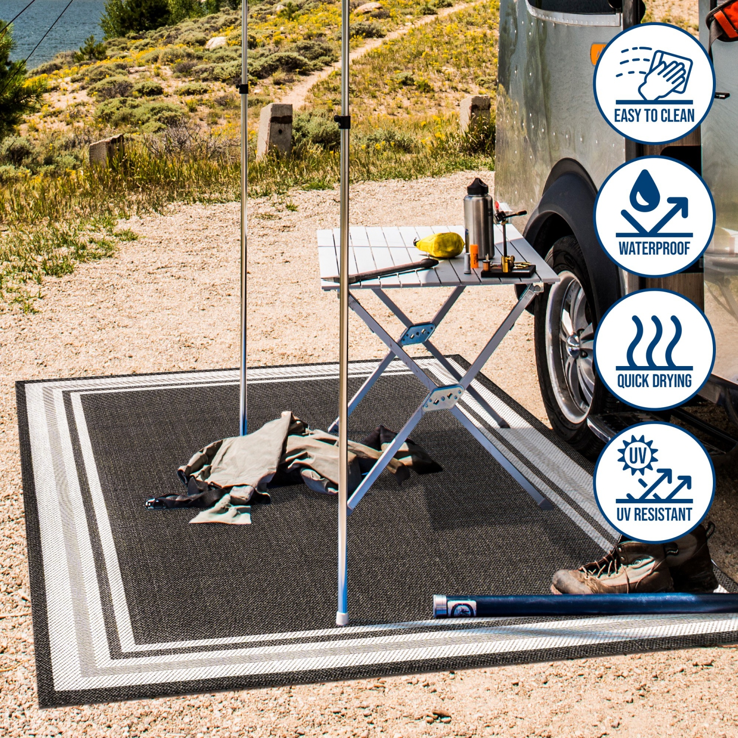 Tapis moderne à bordure rayée pour l'intérieur et l'extérieur James