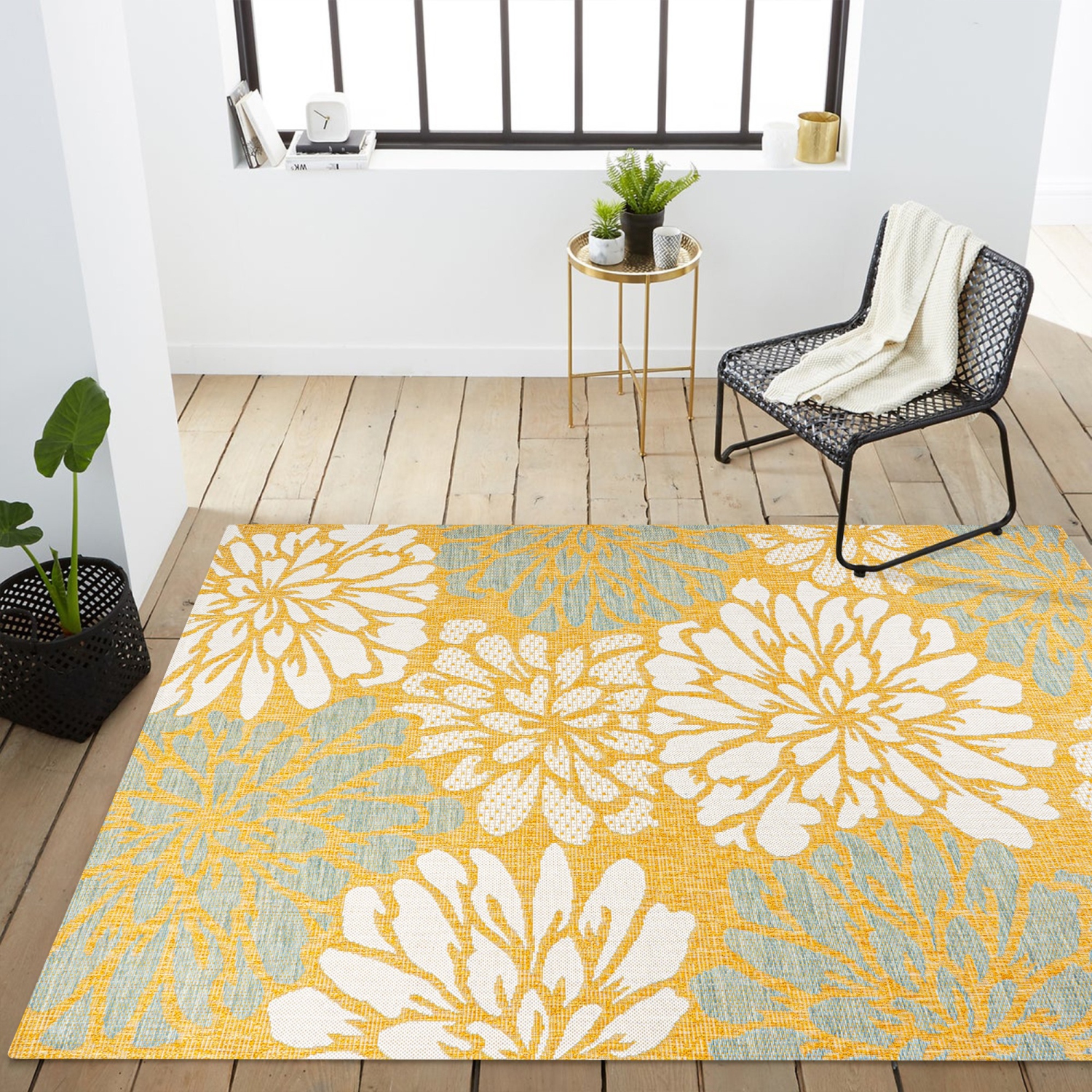 Tapis moderne tissé texturé à motif floral pour l'intérieur et l'extérieur Zinnia