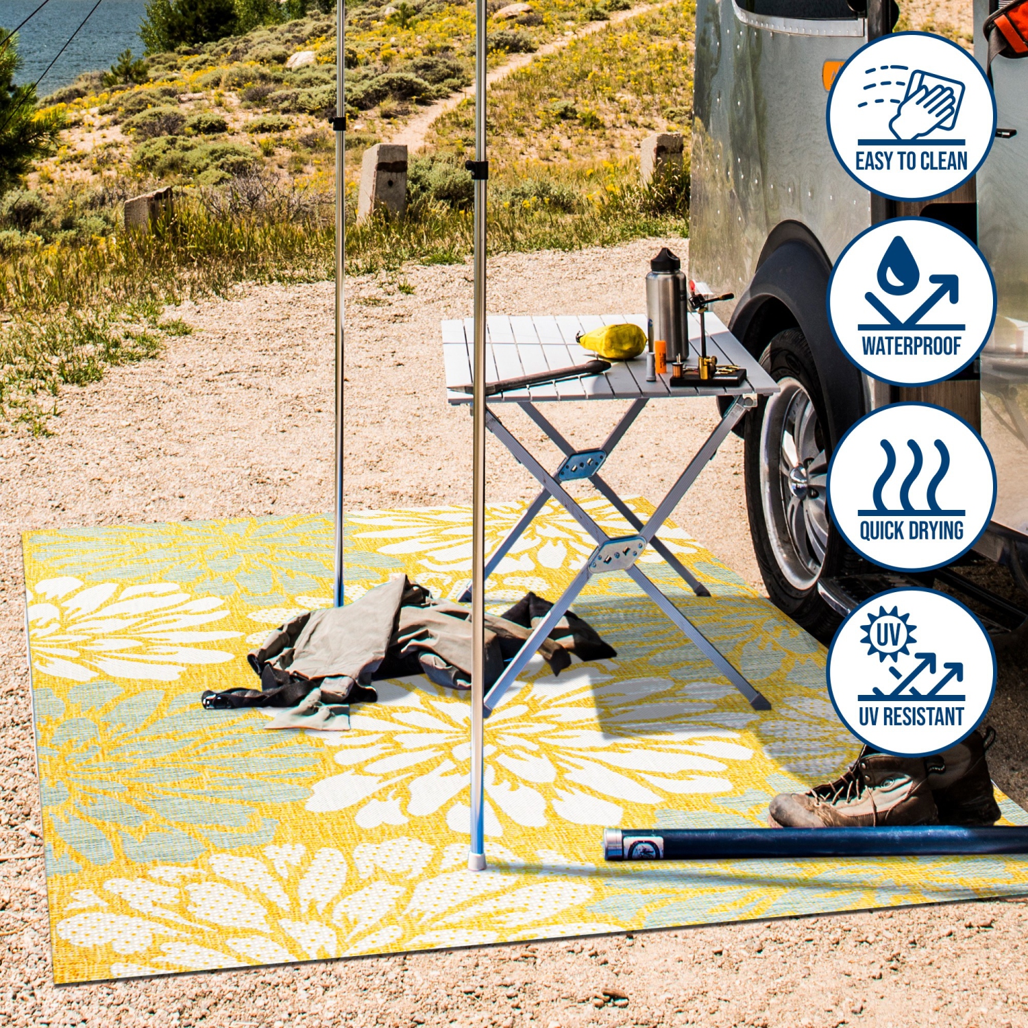 Tapis moderne tissé texturé à motif floral pour l'intérieur et l'extérieur Zinnia