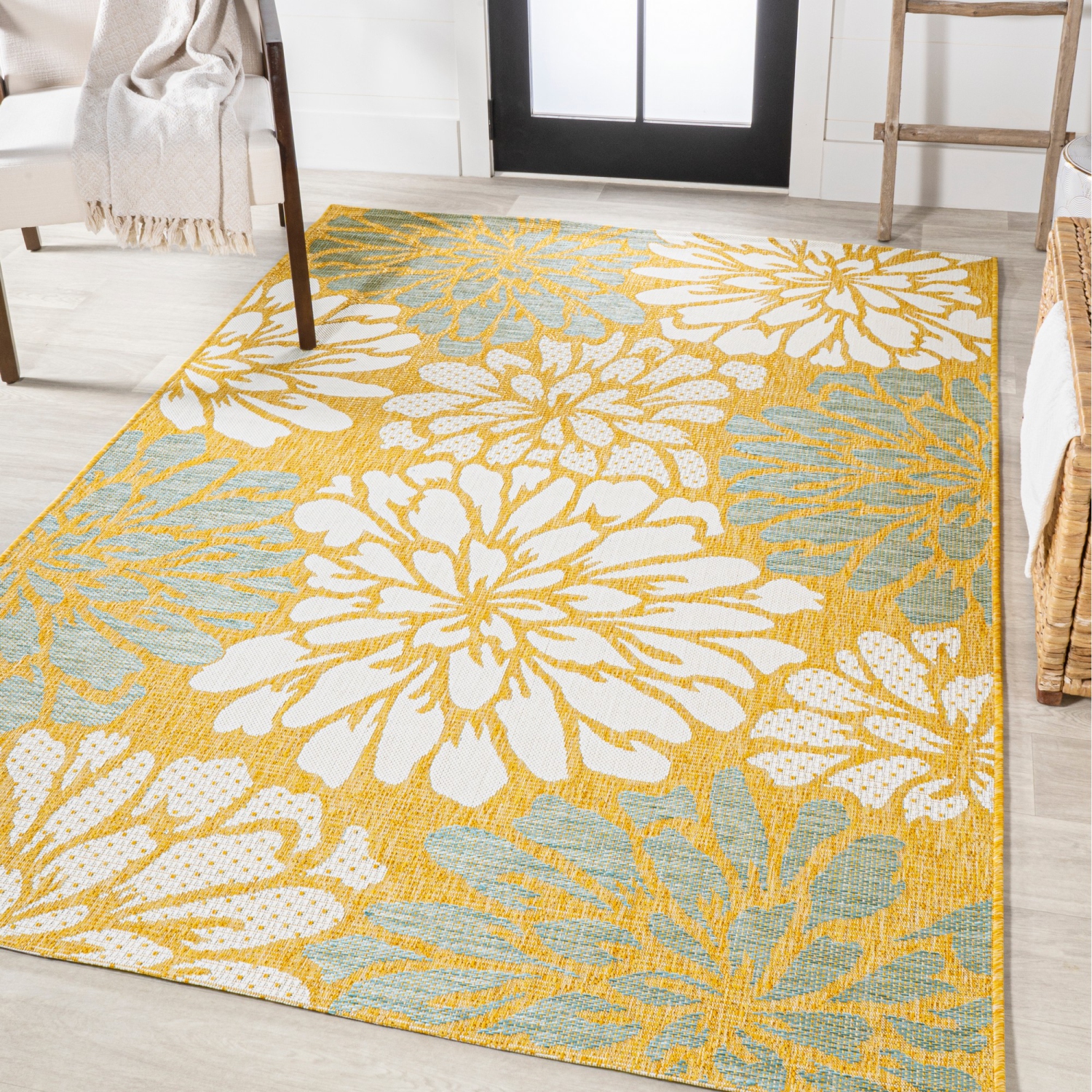 Tapis moderne tissé texturé à motif floral pour l'intérieur et l'extérieur Zinnia