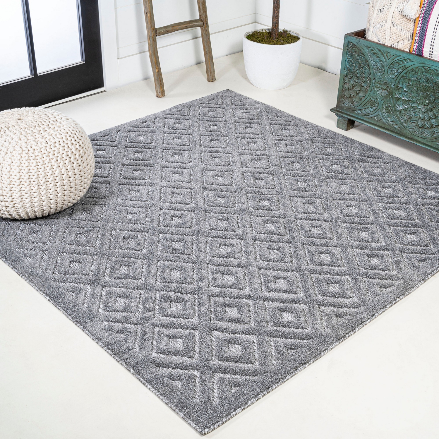 Portmany Neutral Diamond Trellis Indoor/Outdoor Area Rug