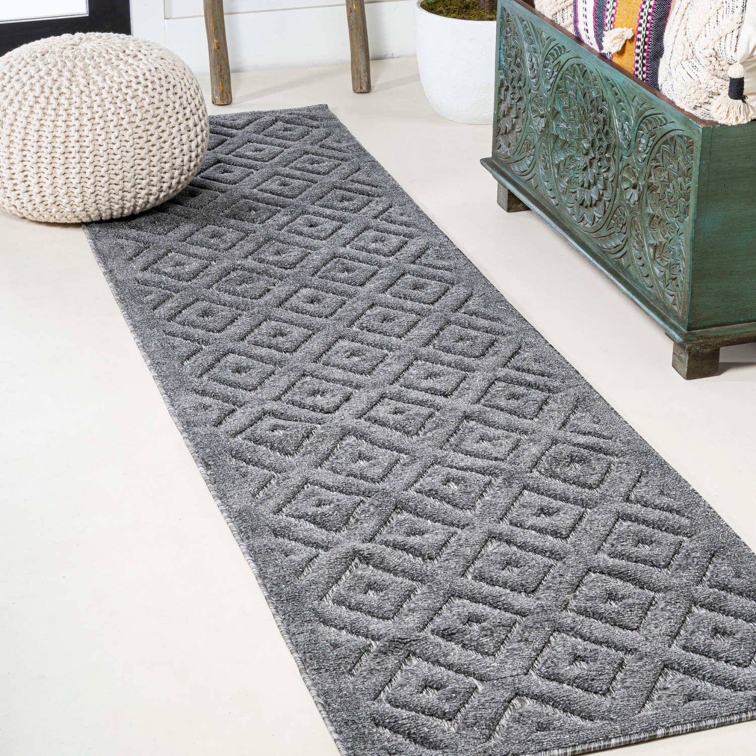 Tapis d'intérieur/d'extérieur en treillis à losanges neutre Portmany