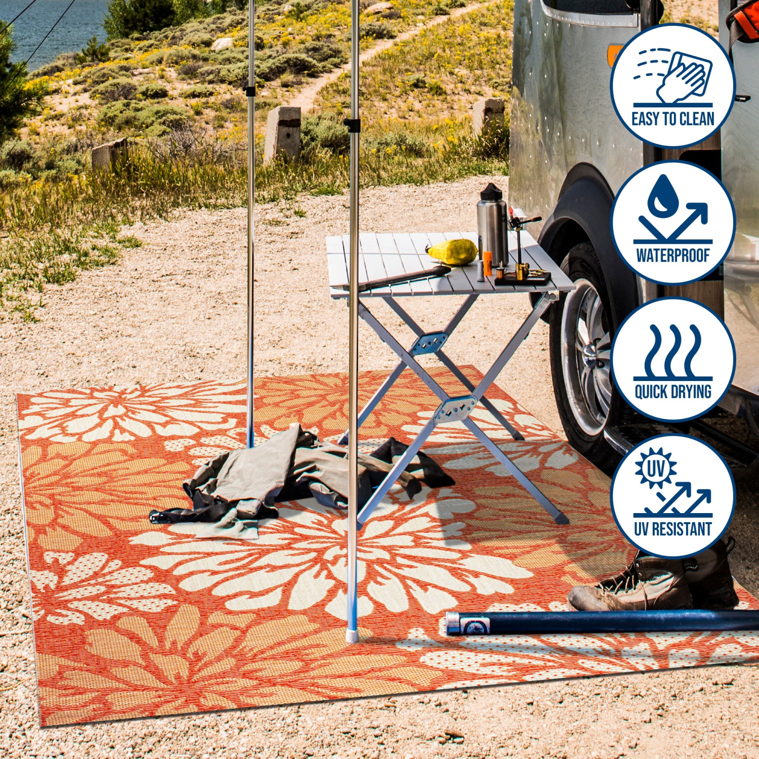 Tapis moderne tissé texturé à motif floral pour l'intérieur et l'extérieur Zinnia