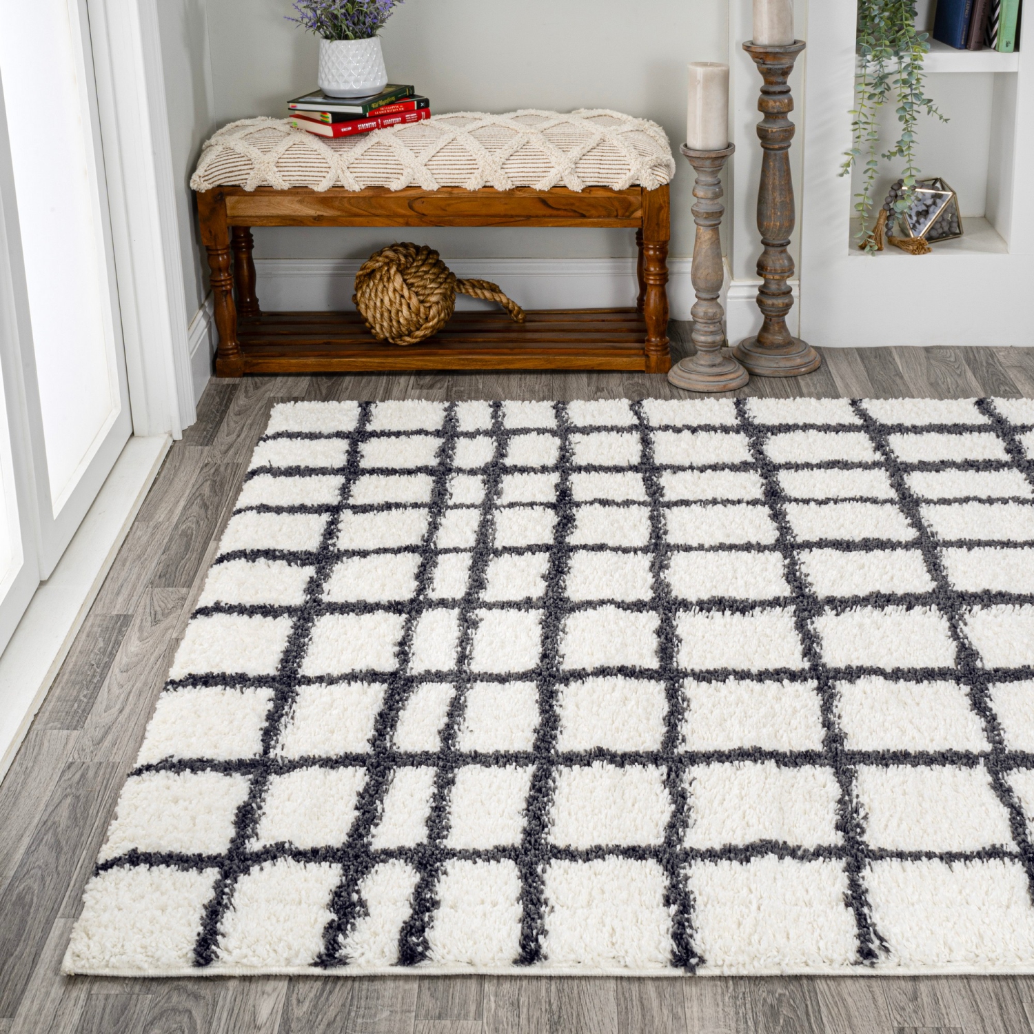 Arenal Geometric Grid Shag Area Rug