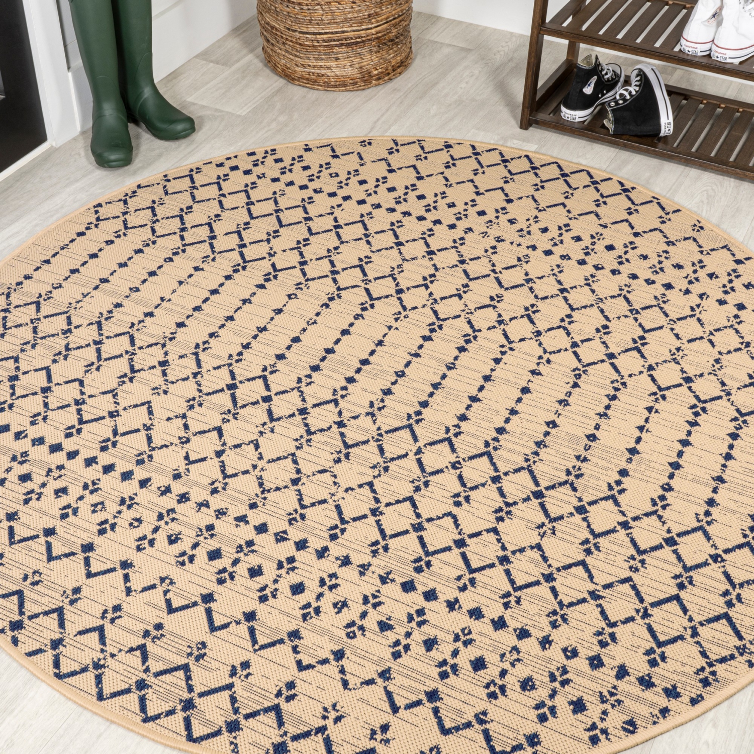 Ourika Moroccan Geometric Textured Weave Indoor/Outdoor Round Rug