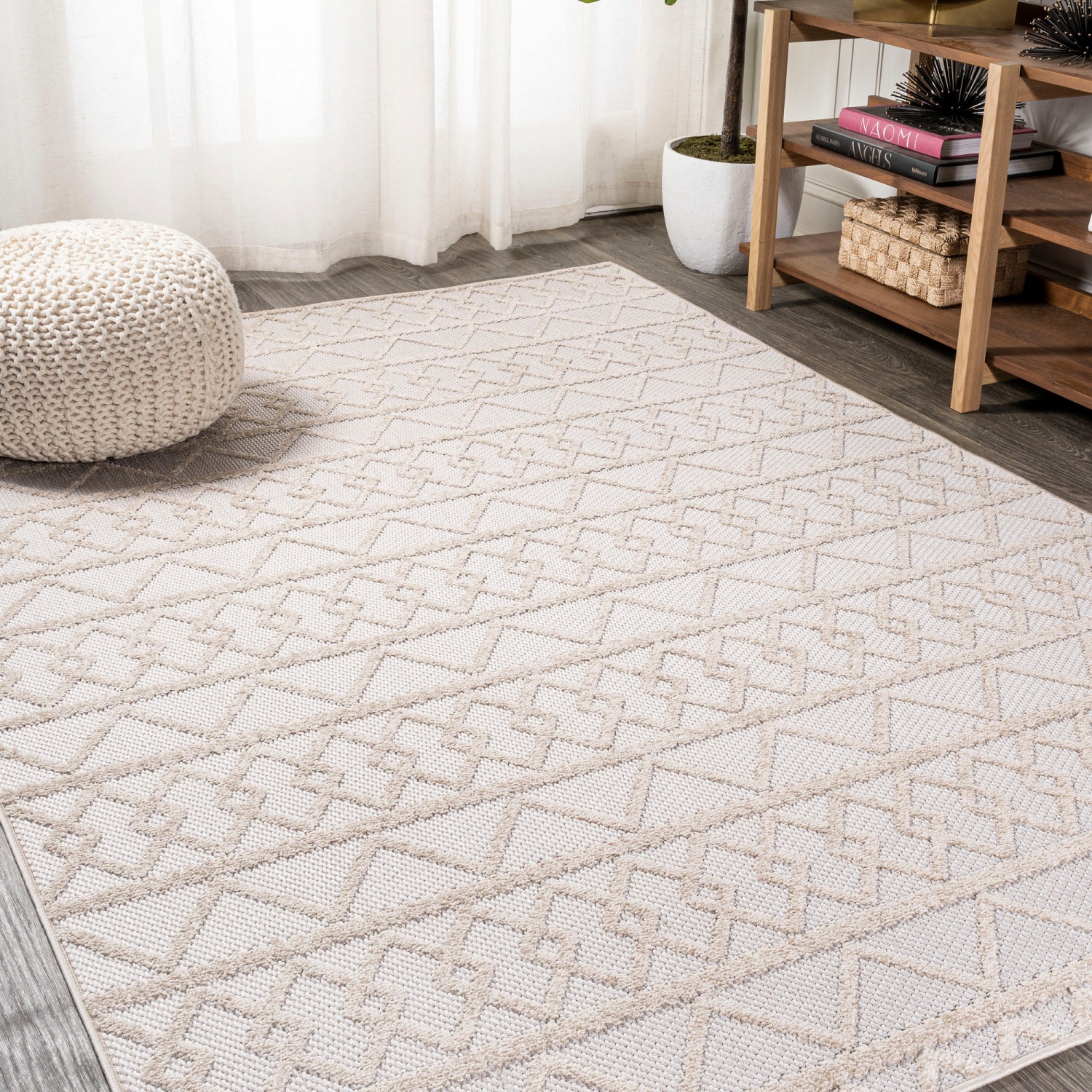 Aylan High-Low Pile Knotted Trellis Geometric Indoor/Outdoor Area Rug
