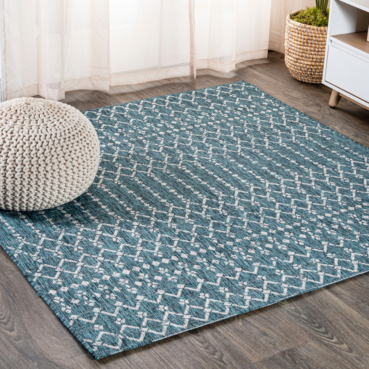 Ourika Moroccan Geometric Textured Weave Indoor/Outdoor Square Rug