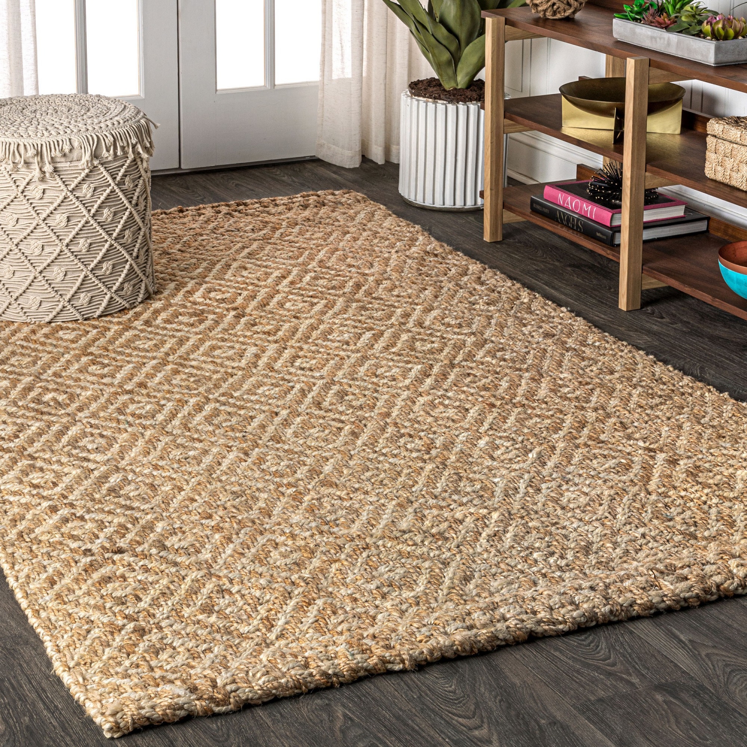 Carpette Hira en jute, motif diamant tissé à la main et gros jute