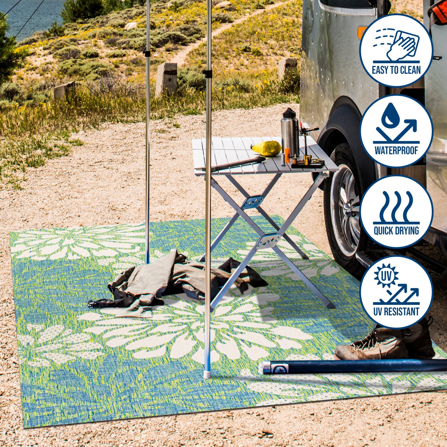 Tapis moderne tissé texturé à motif floral pour l'intérieur et l'extérieur Zinnia