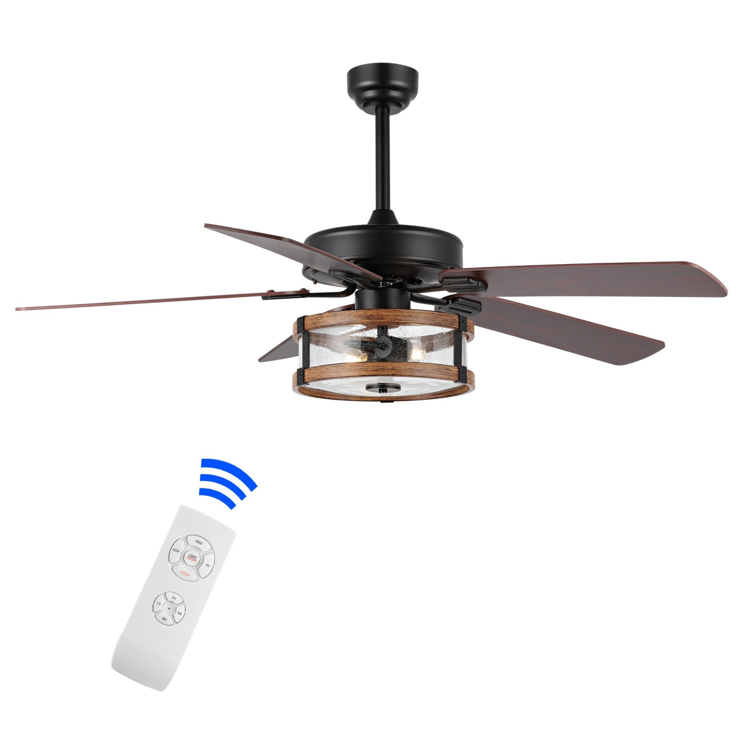 Joanna Rustic Industrial Iron/Woodseeded Glass Mobile Appremote Controlled LED Ceiling Fan