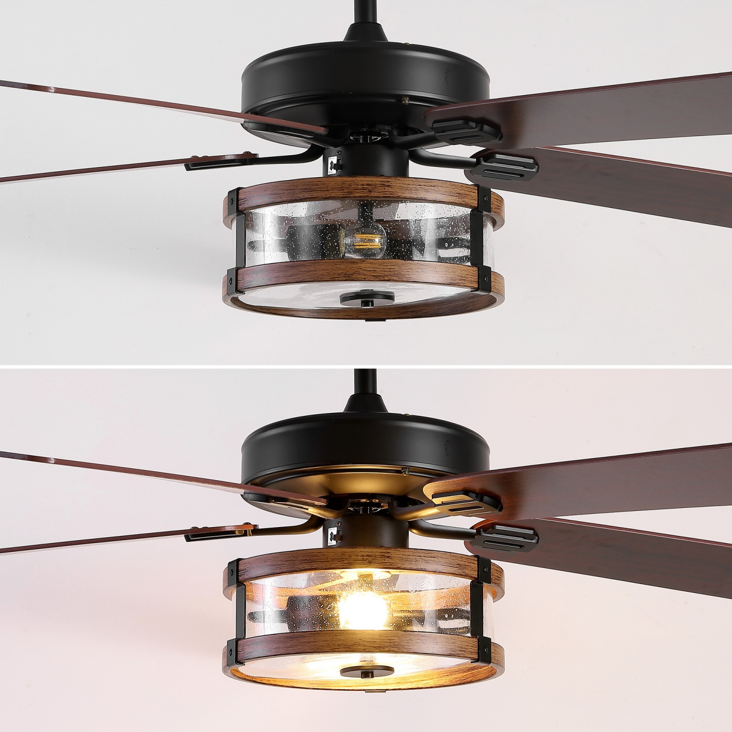 Joanna Rustic Industrial Iron/Woodseeded Glass Mobile Appremote Controlled LED Ceiling Fan