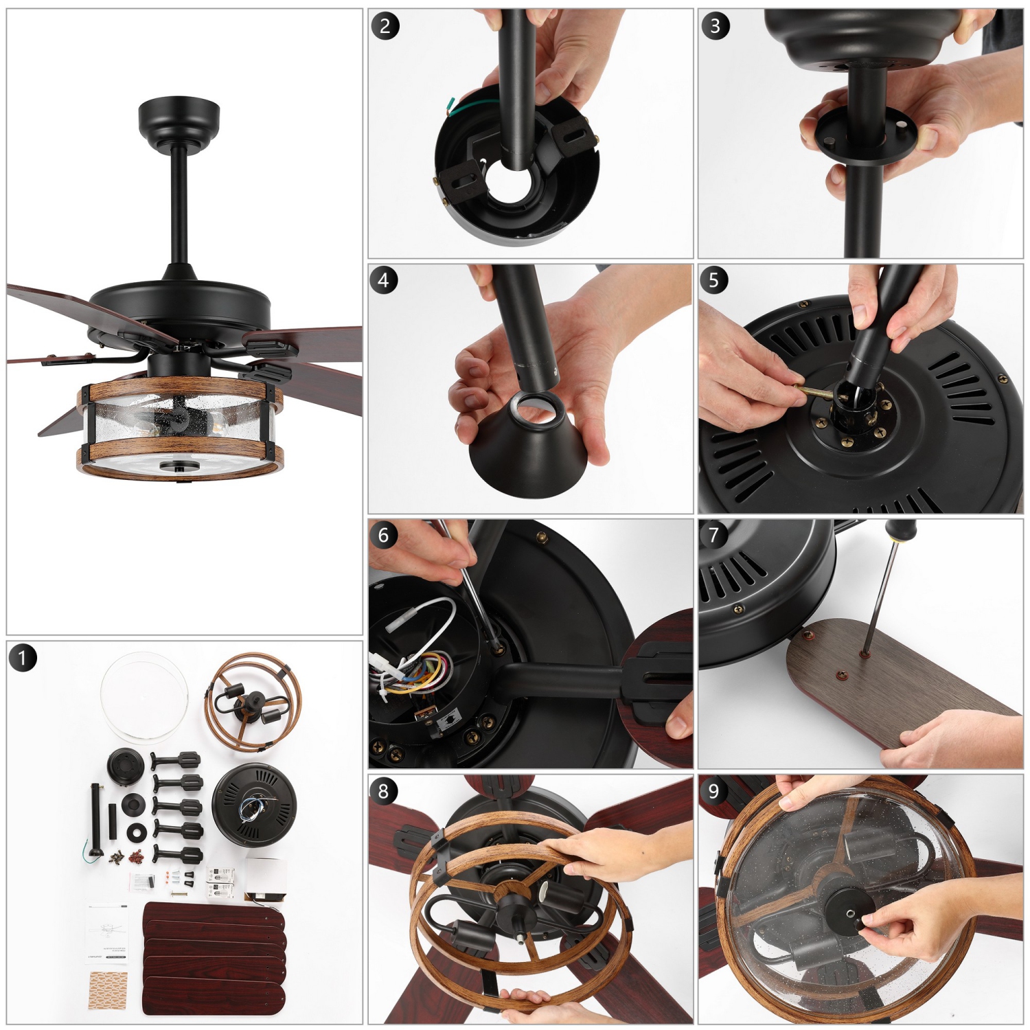 Joanna Rustic Industrial Iron/Woodseeded Glass Mobile Appremote Controlled LED Ceiling Fan