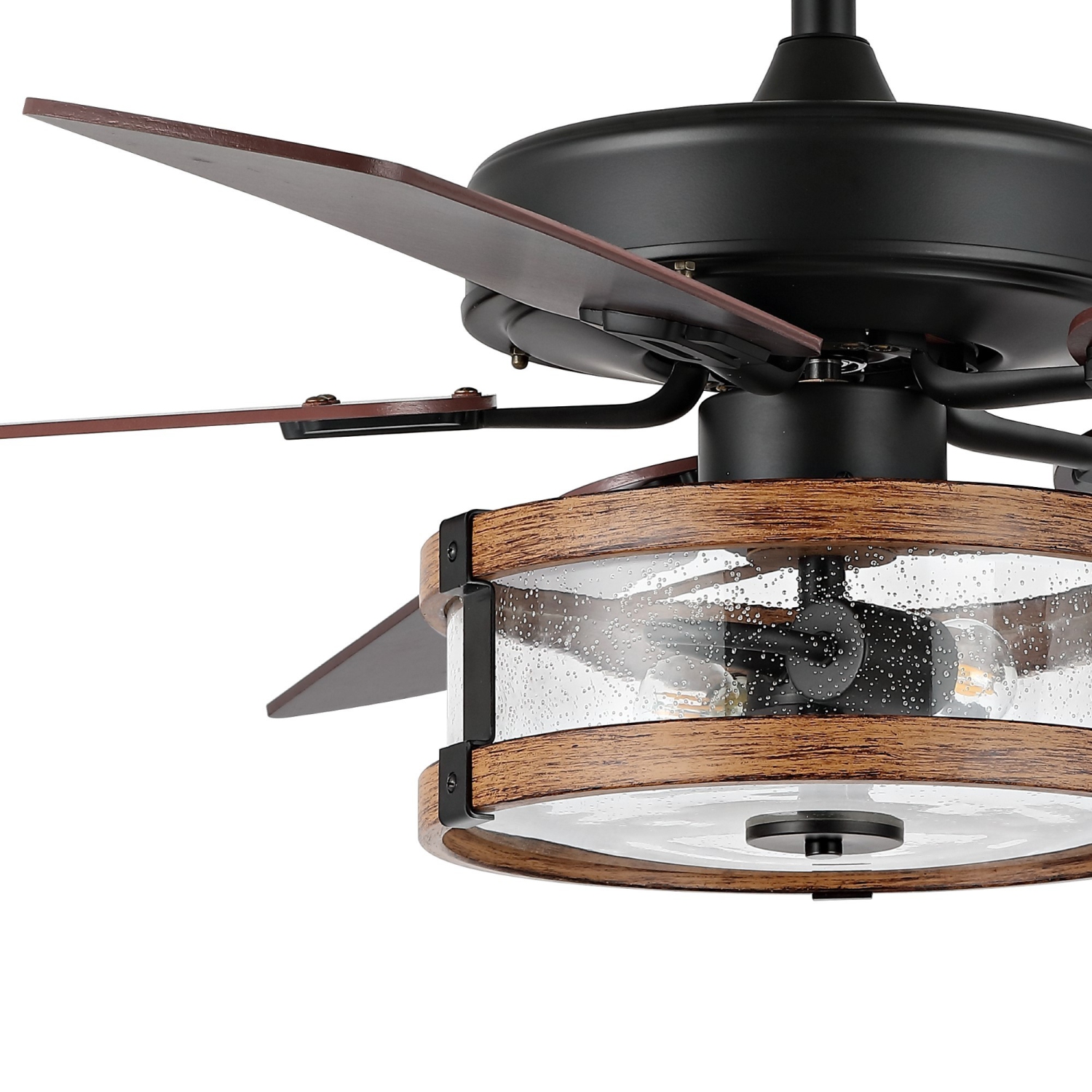 Joanna Rustic Industrial Iron/Woodseeded Glass Mobile Appremote Controlled LED Ceiling Fan
